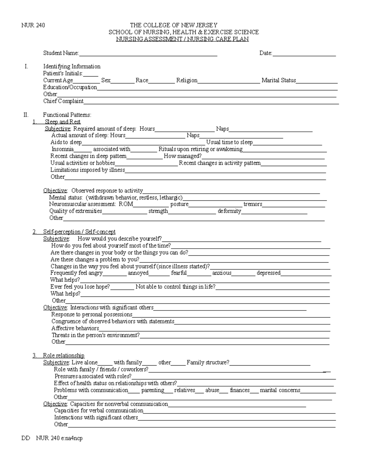 Assessment Sleep-Rest-Self Perception-Role - NUR 240 THE COLLEGE OF NEW ...