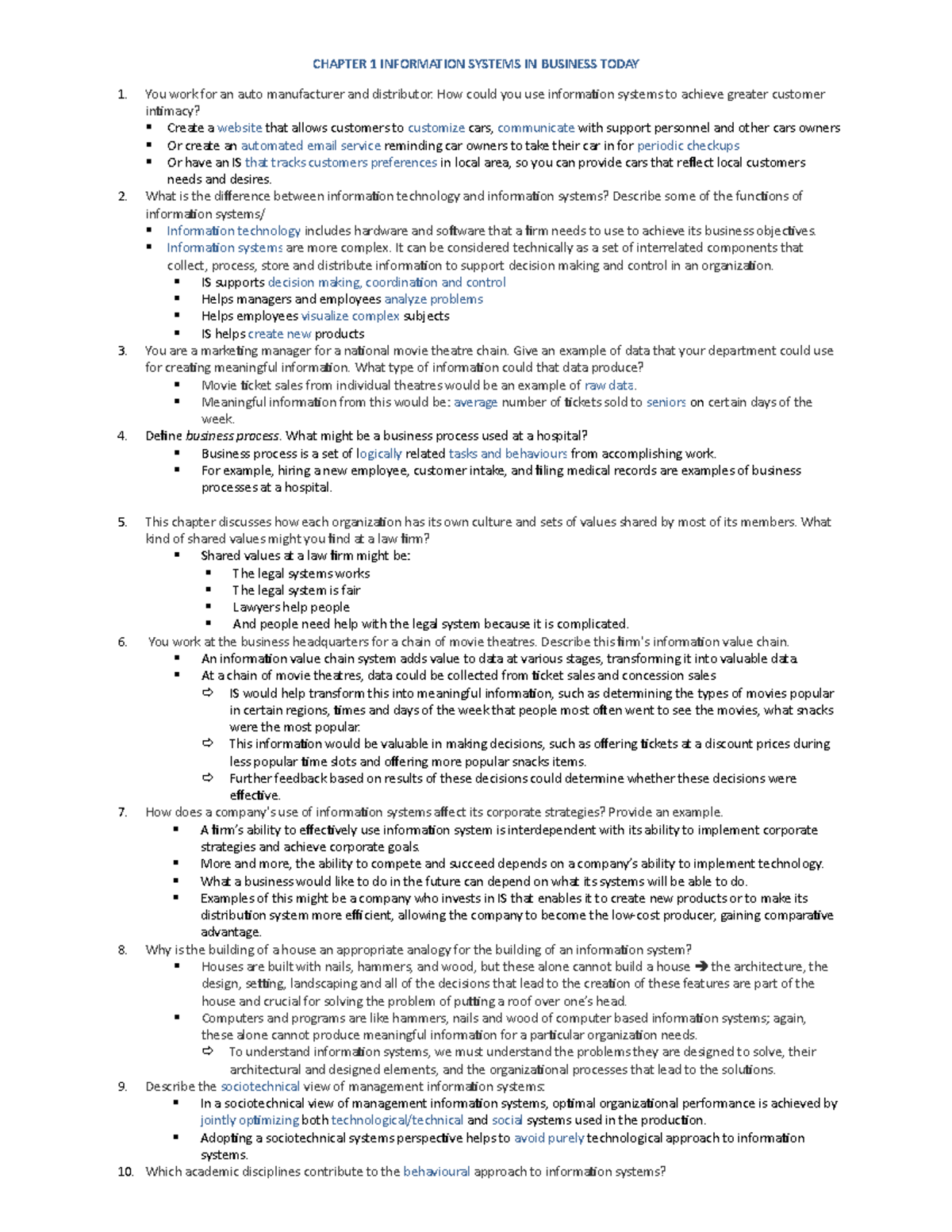 (Short answer questions) Chapter 1: INFORMATION SYSTEMS IN BUSINESS ...