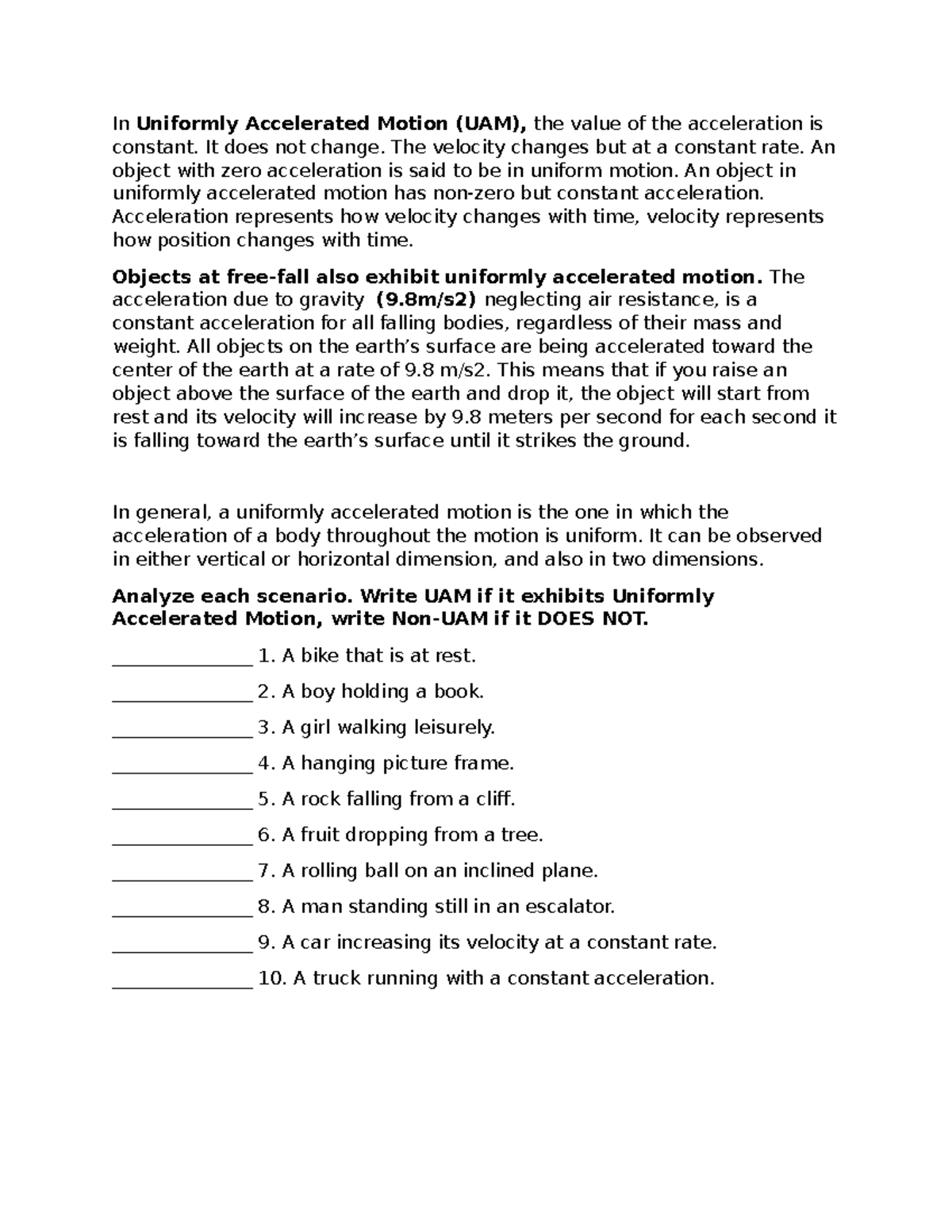 Module FOR Science - In Uniformly Accelerated Motion (UAM), the value ...