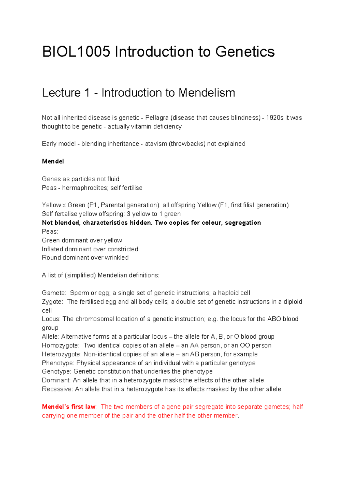 Genetics Lecture notes - BIOL1005 - Mendel Peas: cell group Albinism ...