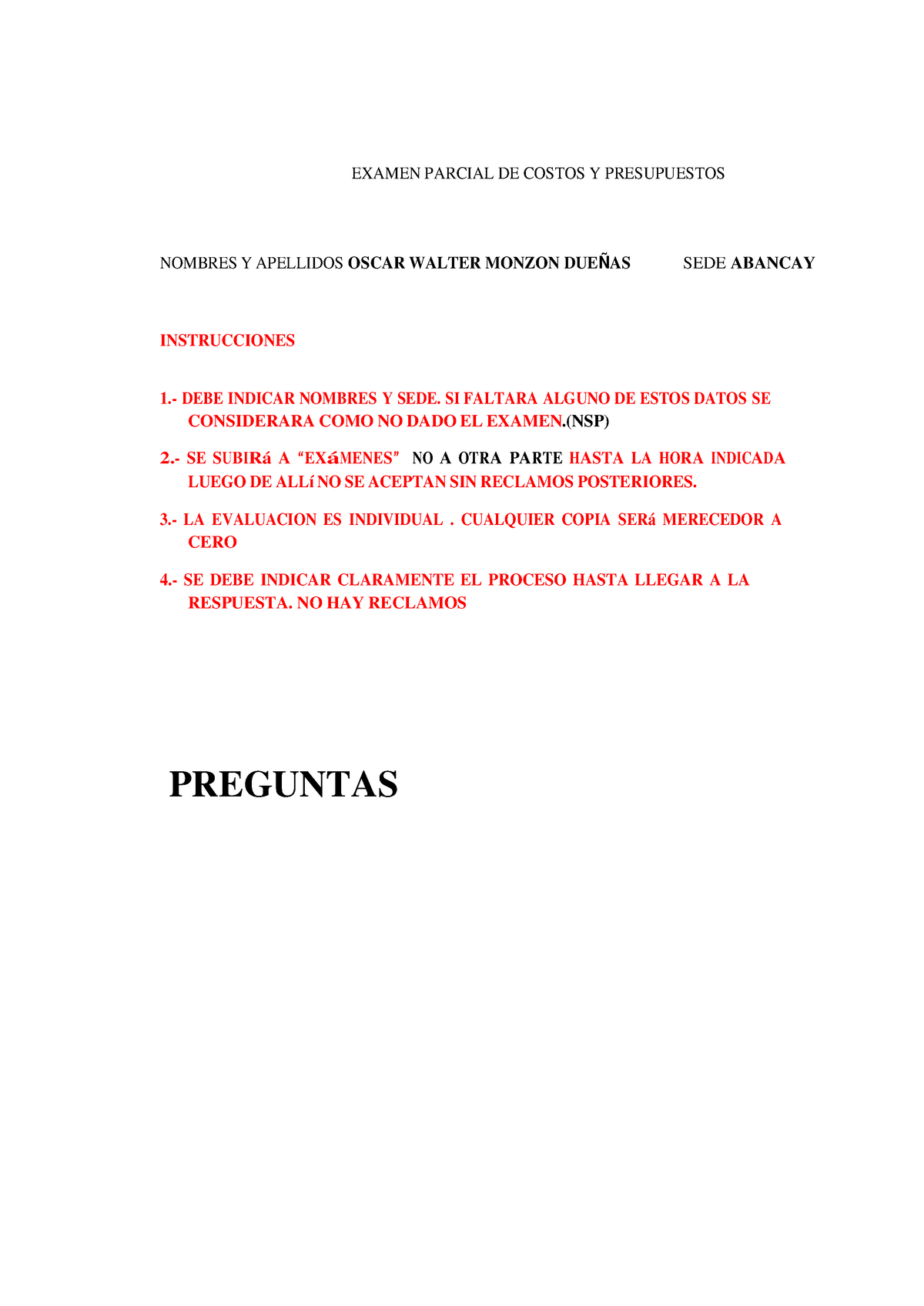 2023 0 Examen Parcial De Costos Y Presupuestos Examen Parcial De Costos Y Presupuestos Nombres 2335