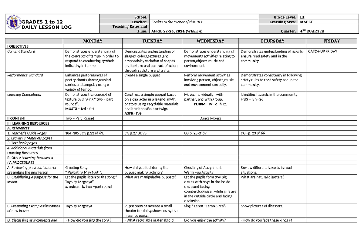 DLL Mapeh 3 Q4 W4 - Deped - GRADES 1 to 12 DAILY LESSON LOG School ...