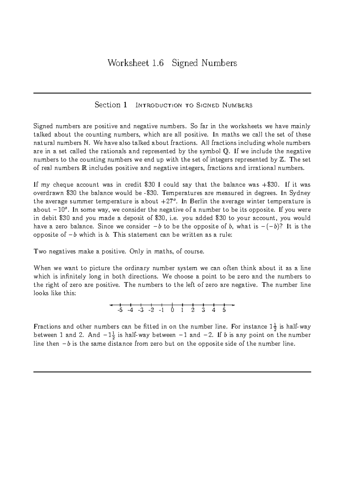 1.6 Signed Numbers Mathematics Worksheet 1 Signed Numbers Section 1