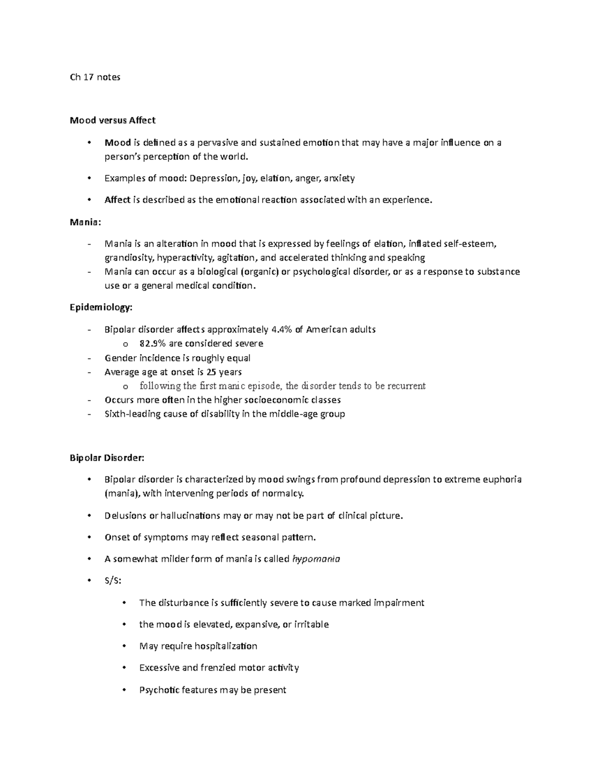 Ch 17 notes - Ch 17 notes Mood versus Affect Mood is defined as a ...