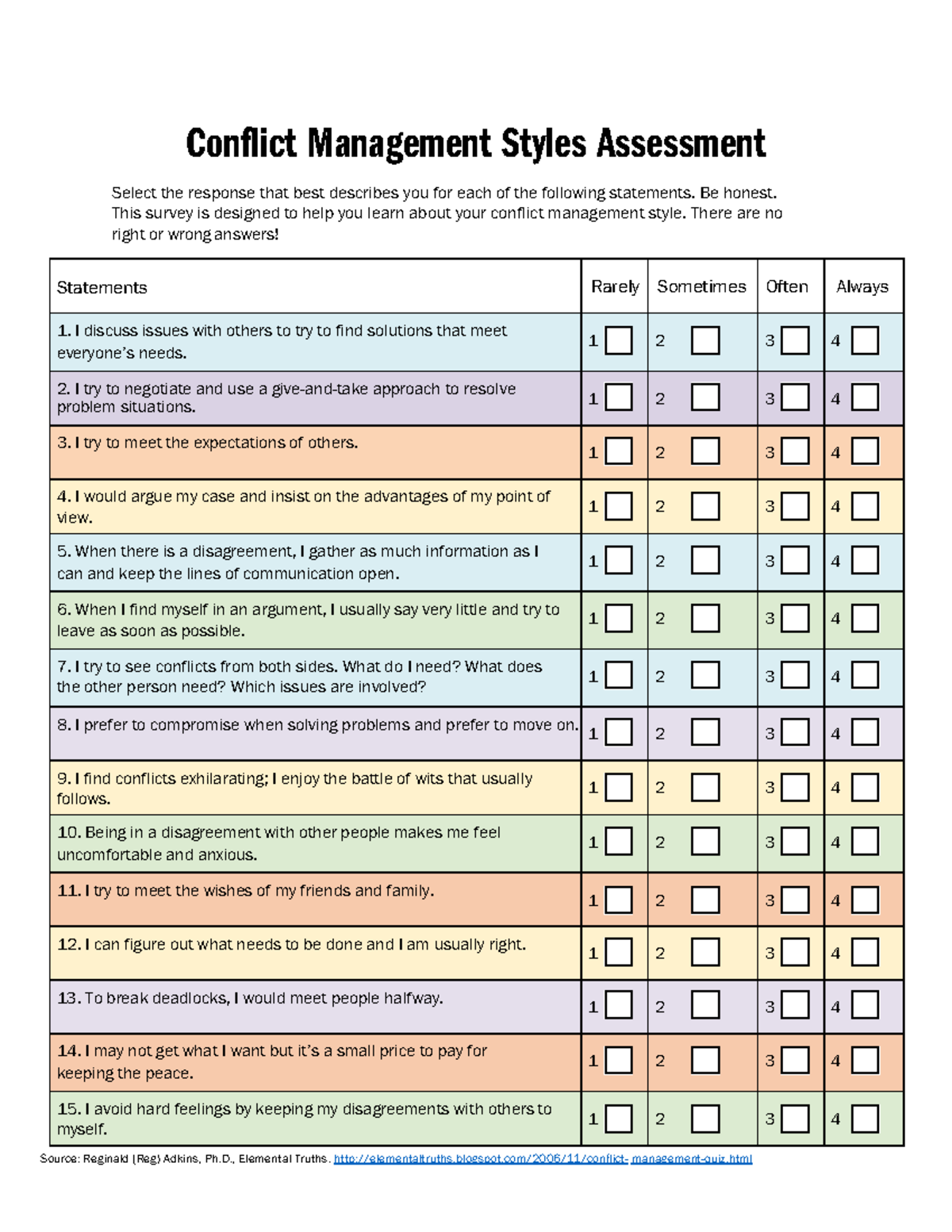 Conflict Management Styles Assessment Be Honest This Survey Is Designed To Help You Learn 6462