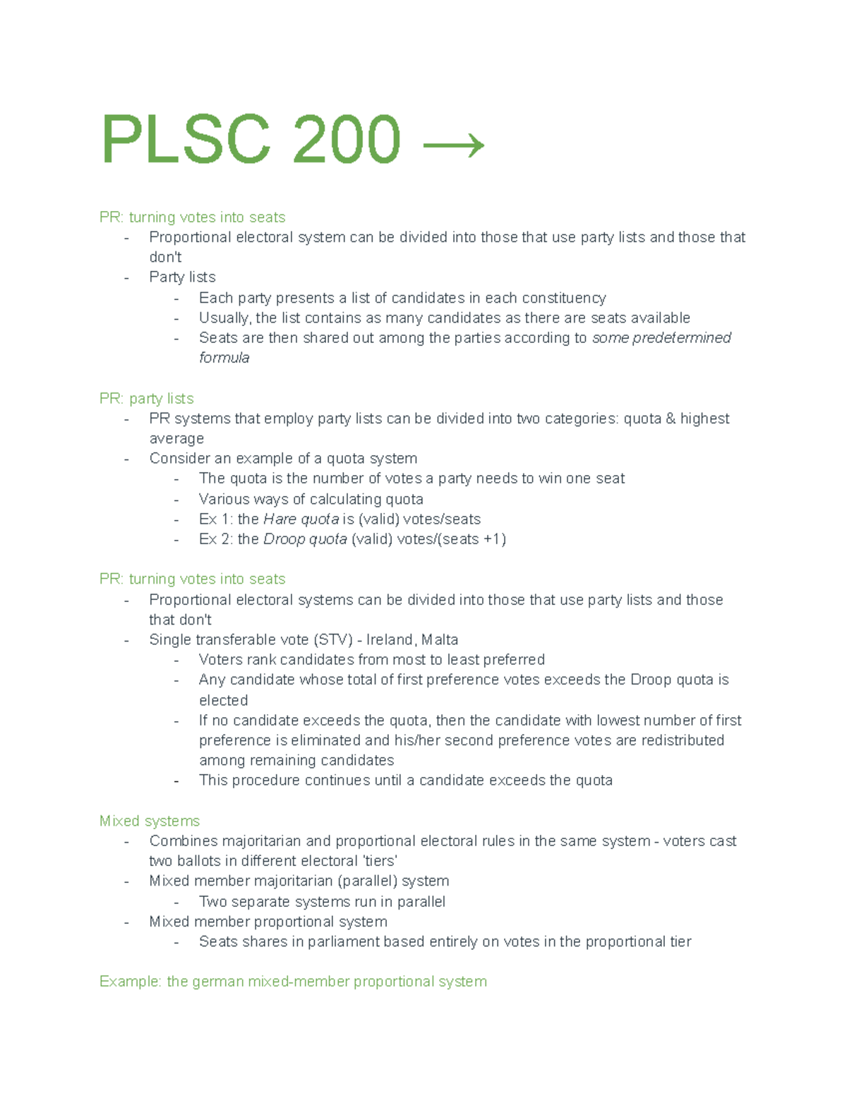 PLSC 200 (1) - Notes - PLSC 200 → PR: Turning Votes Into Seats ...