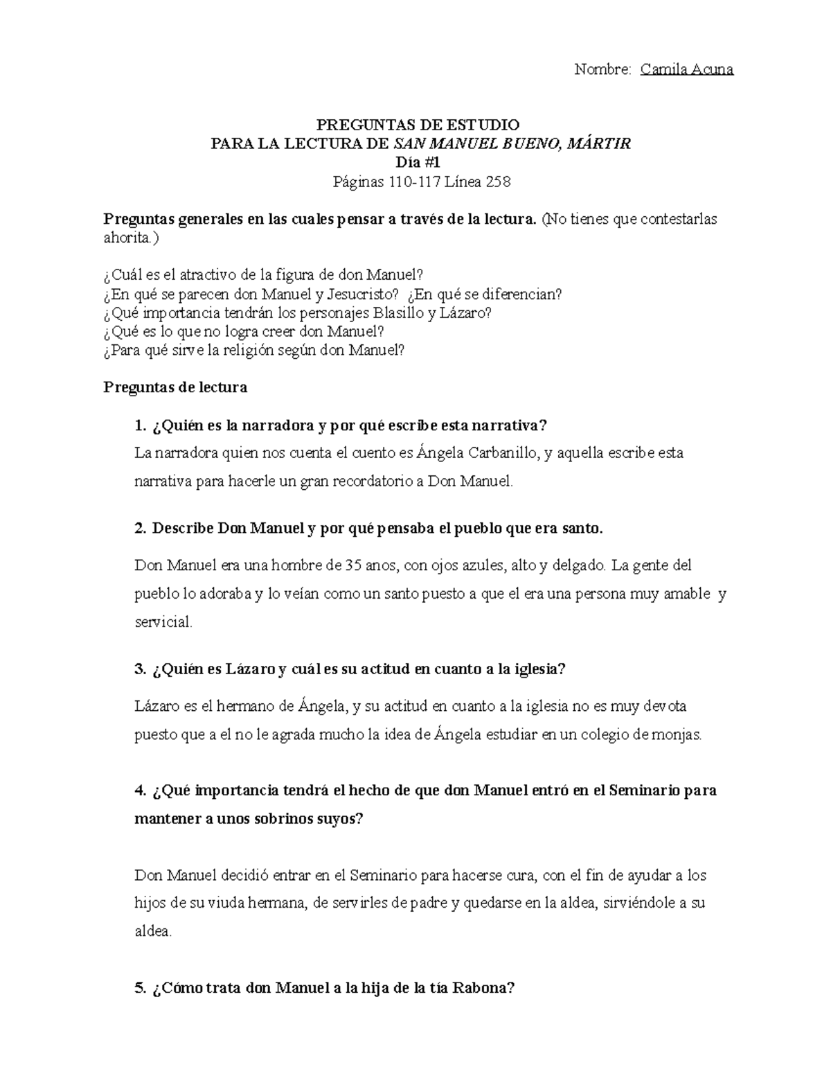 Día 1 San Manuel Bueno Nombre Camila Acuna PREGUNTAS DE ESTUDIO PARA