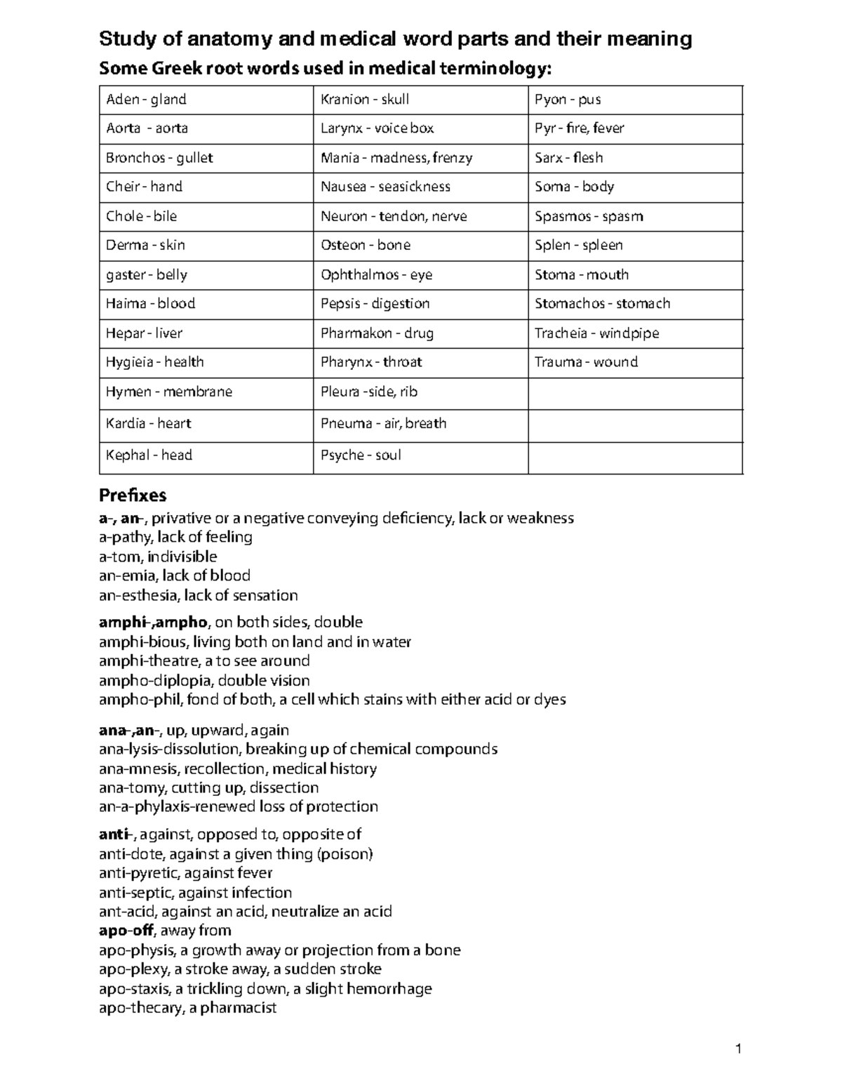 Word Roots And Anatomy - Notes - Some Greek root words used in medical ...