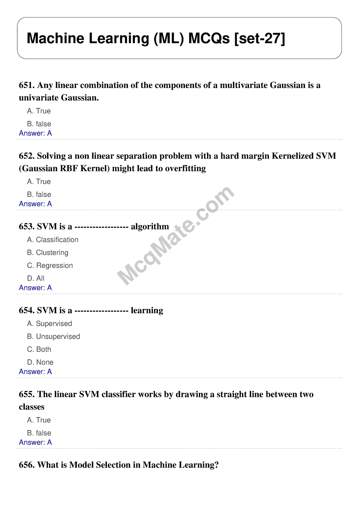 Machine Learning (ML) Solved MCQs [set-27] Mcq Mate.com - McqMate ...