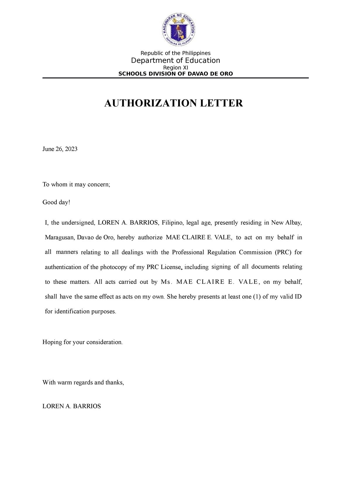 Authorization Letter - Republic of the Philippines Department of ...