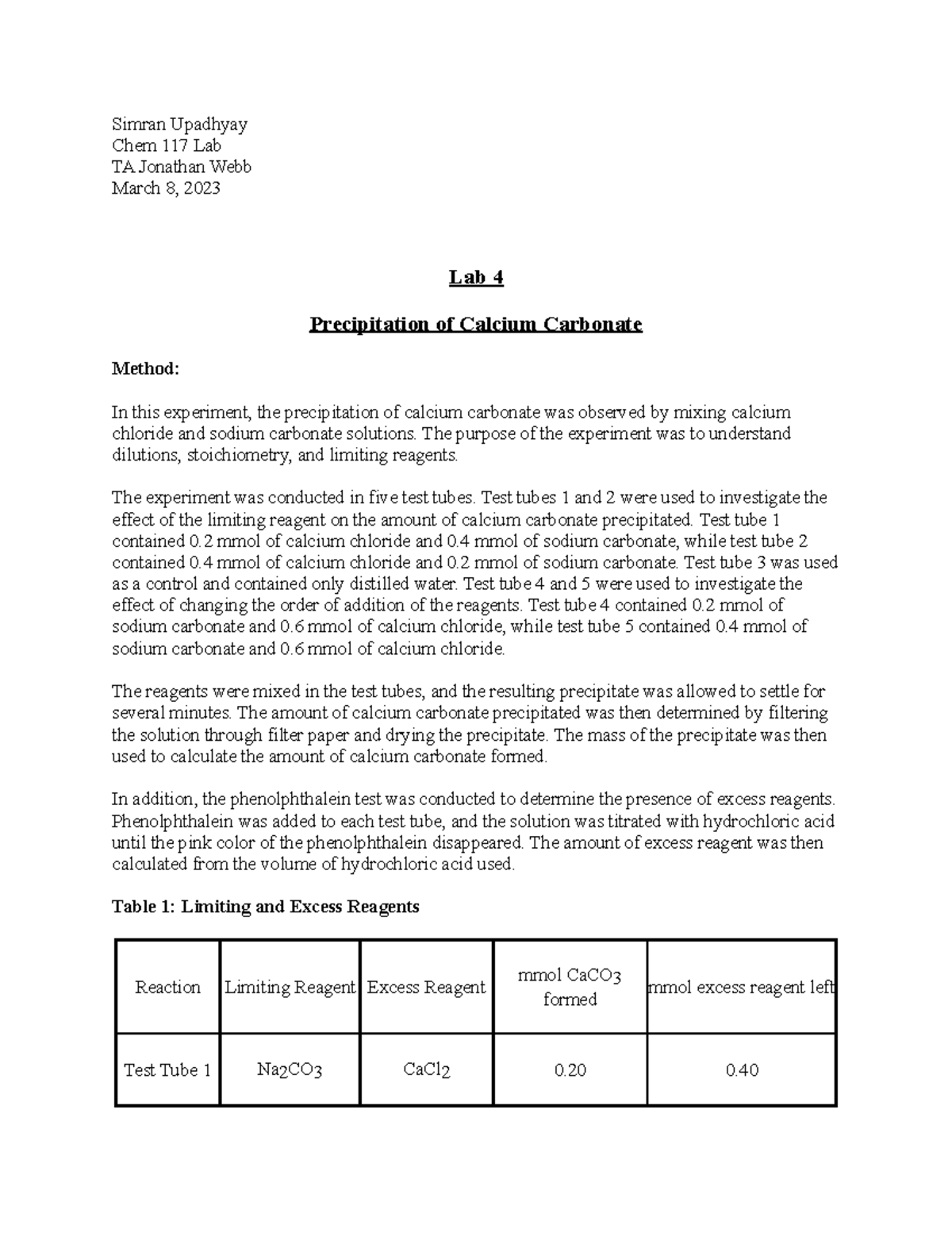 Precipitation of Calcium Carbonate - The purpose of the experiment was ...