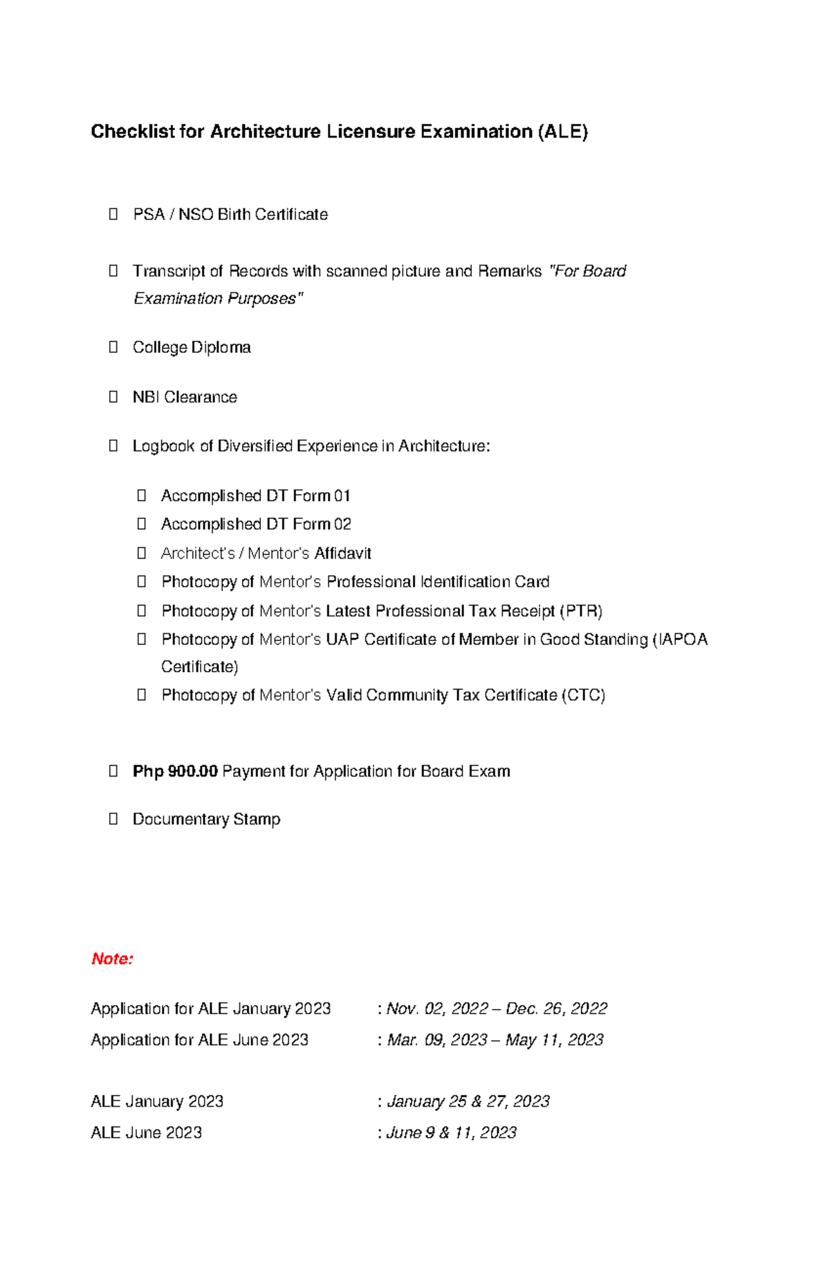 Checklist of ALE and MPLE 2023 Checklist for Architecture Licensure