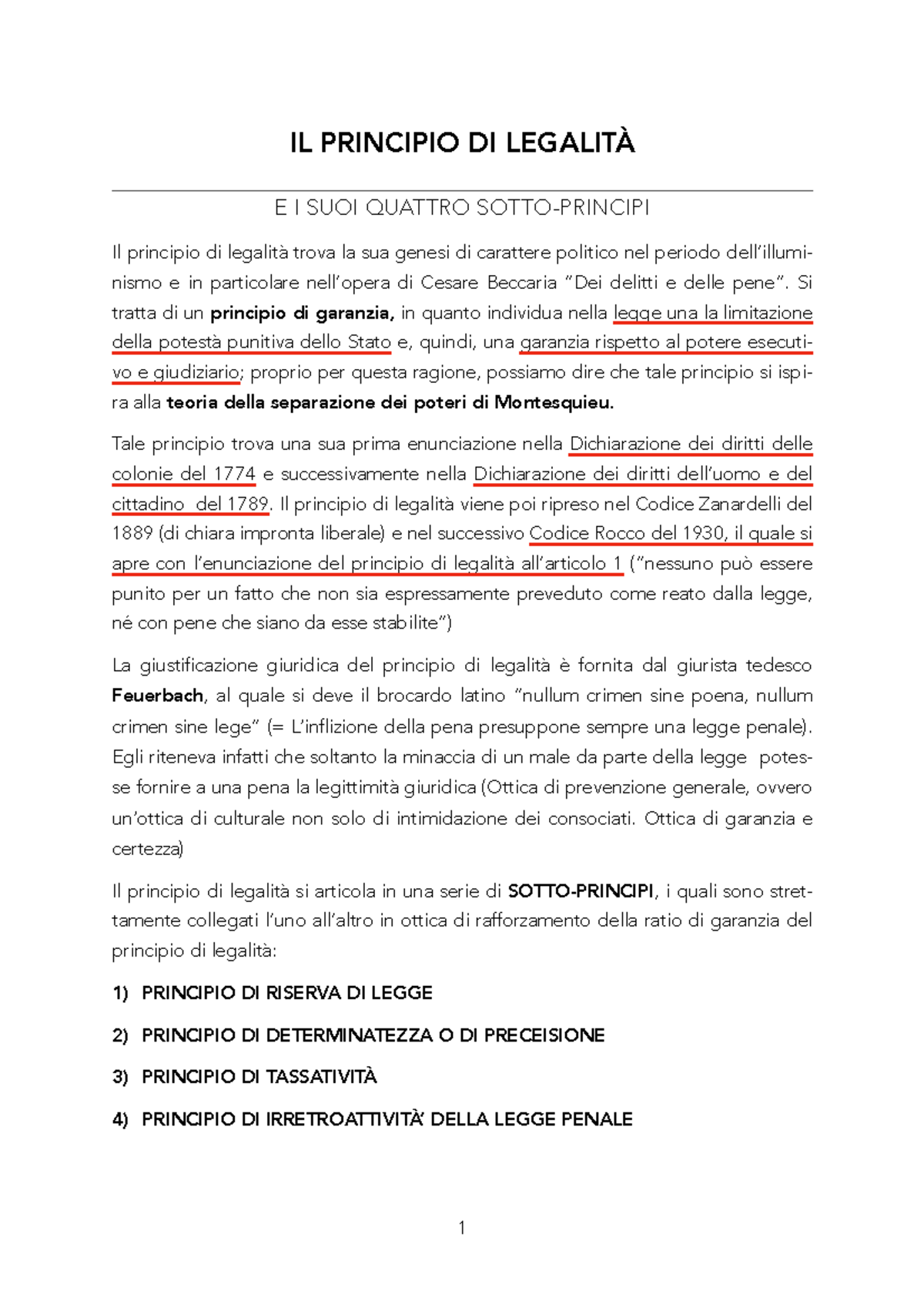 Principio DI Legalita' e sottoprincipi principio