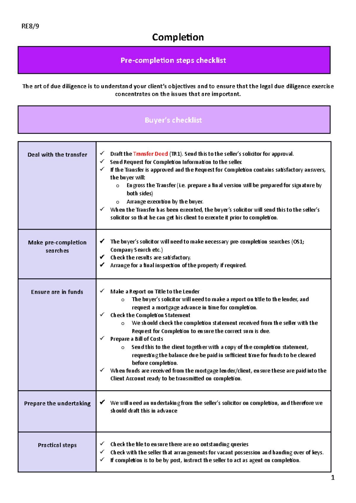 RE WS8 9 - Completion - Completion Pre-completion steps checklist The ...