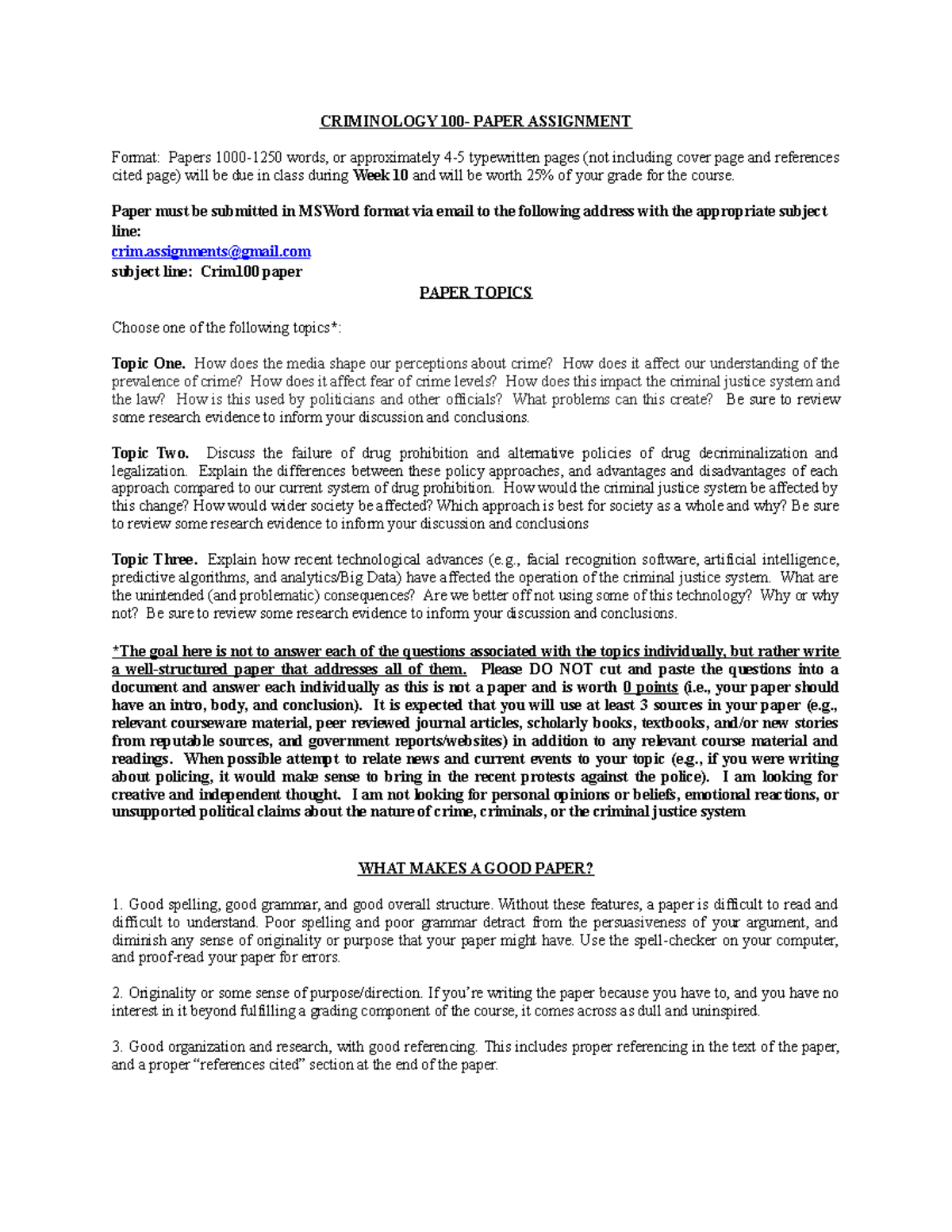 Crim100papertopicgdlnes - CRIMINOLOGY 100- PAPER ASSIGNMENT Format ...