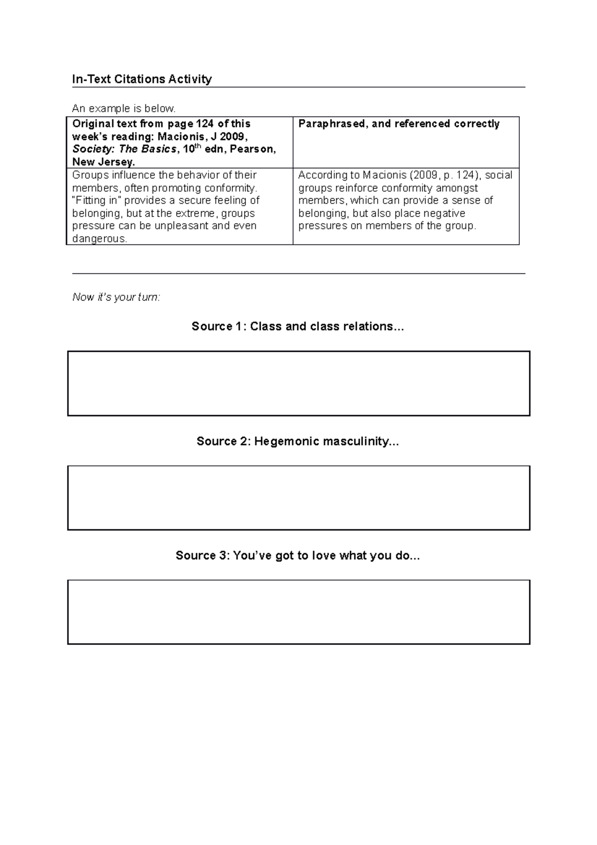 Citations worksheet - In-Text Citations Activity An example is below ...