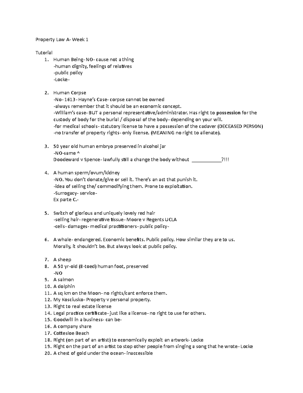 Property- Tutorial 1 - Property Law A- Week 1 Tutorial 1. Human Being ...