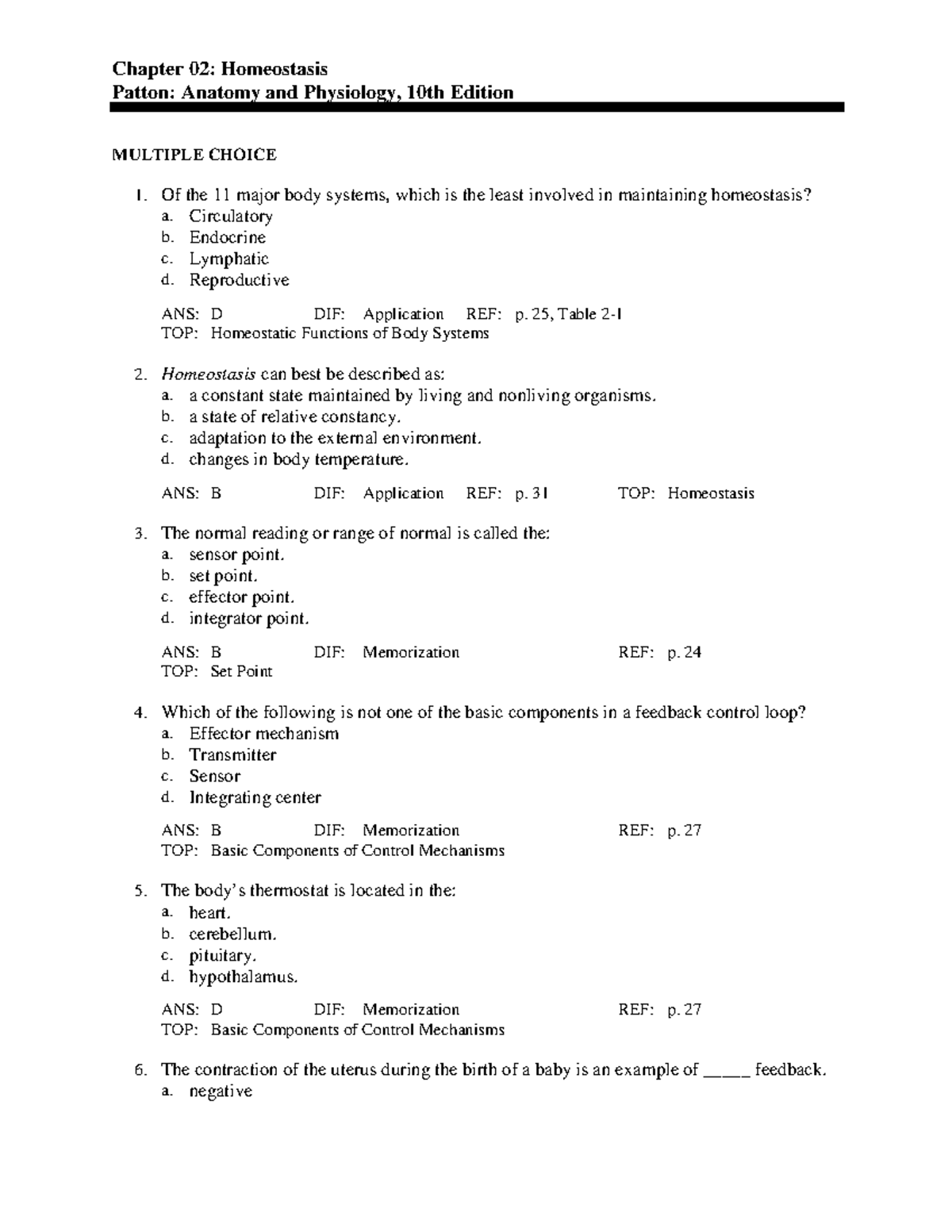 Chapter 2 - Read it - Chapter 02: Homeostasis Patton: Anatomy and ...