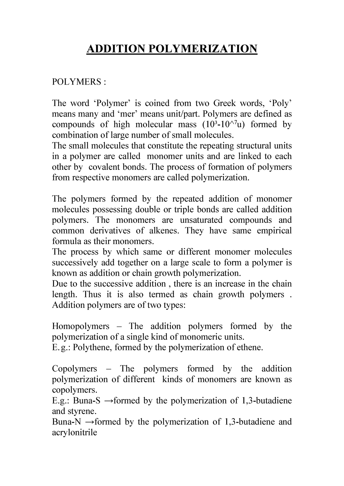 Addition Polymerization - Chemistry - Studocu