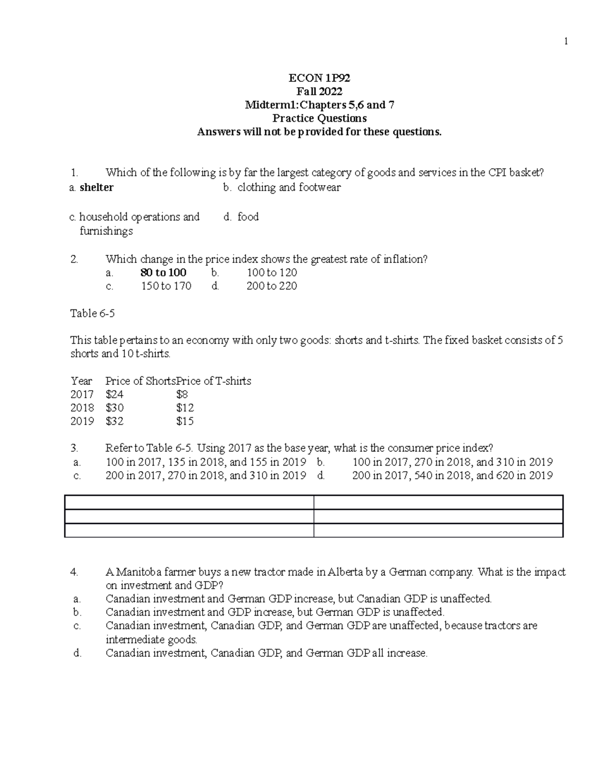 Midterm 1 Practice Questions Copy - ECON 1P Fall 2022 Midterm1:Chapters ...