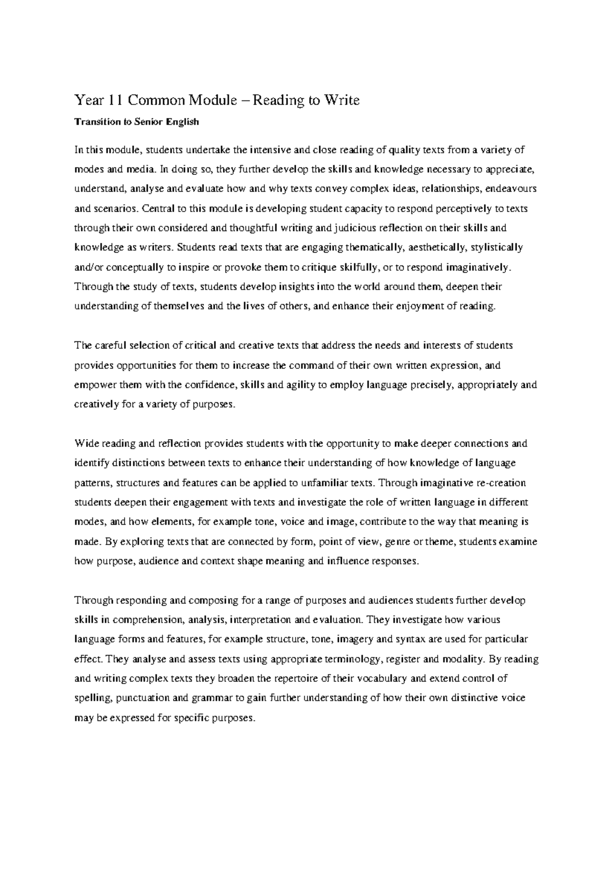 Rubric Reading to Write - Year 11 Common Module – Reading to Write ...