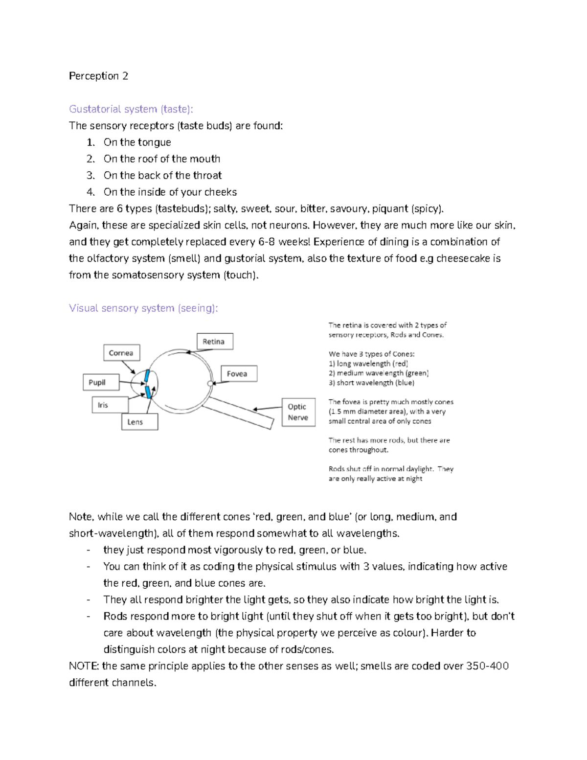 Perception lecture notes (2) - Perception 2 Gustatorial system (taste ...