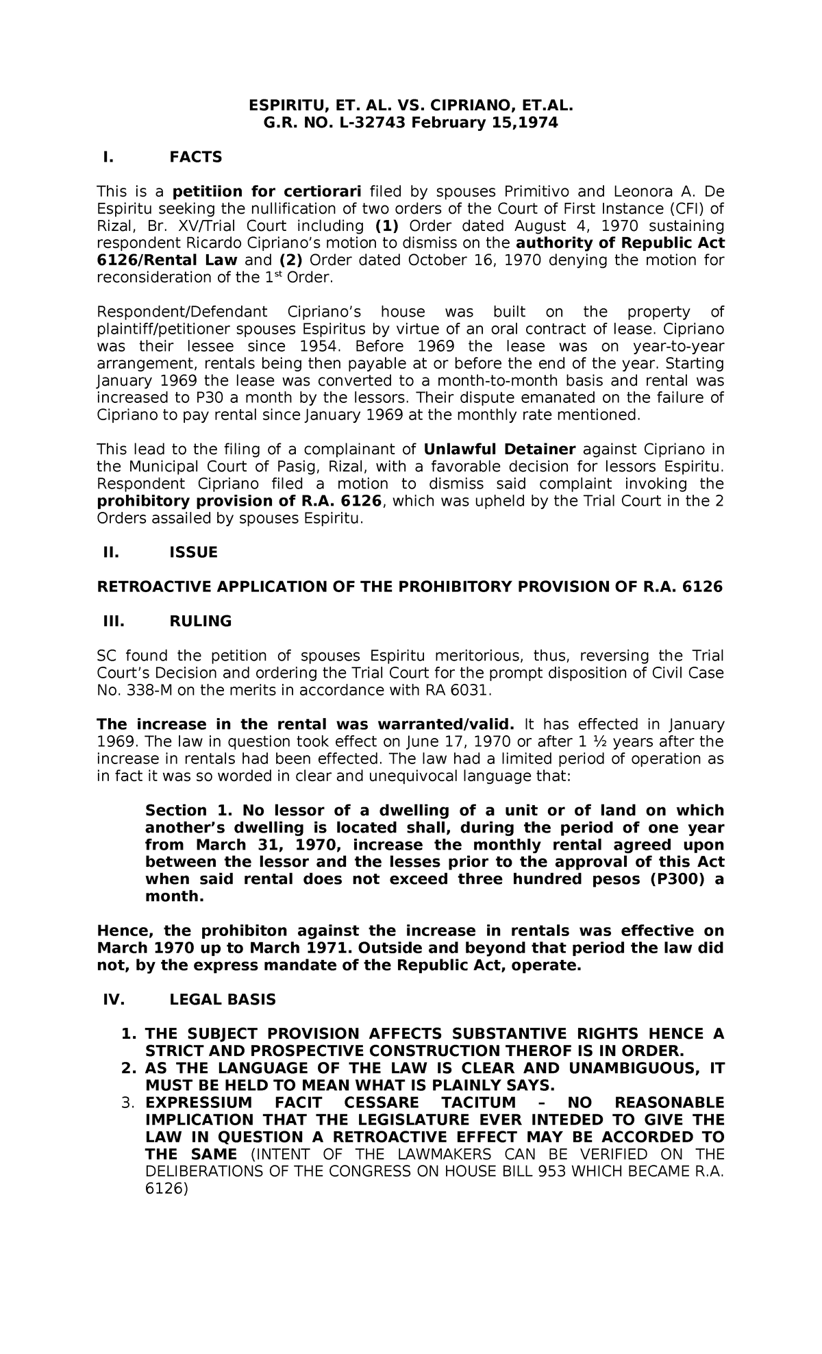 Espiritu Et Al Vs Cipriano - Espiritu, Et. Al. Vs. Cipriano, Et. G. No 