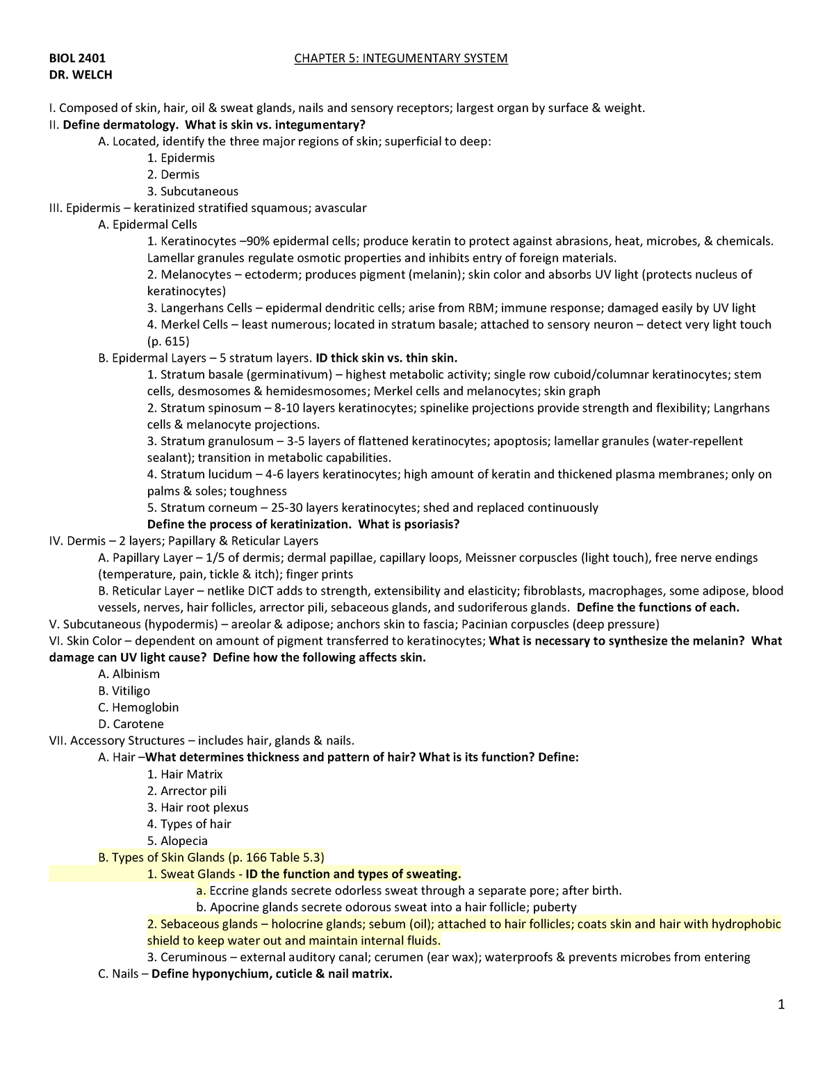 BIOL 2401 Chapter 5 - 1 BIOL 2401 CHAPTER 5: INTEGUMENTARY SYSTEM DR ...