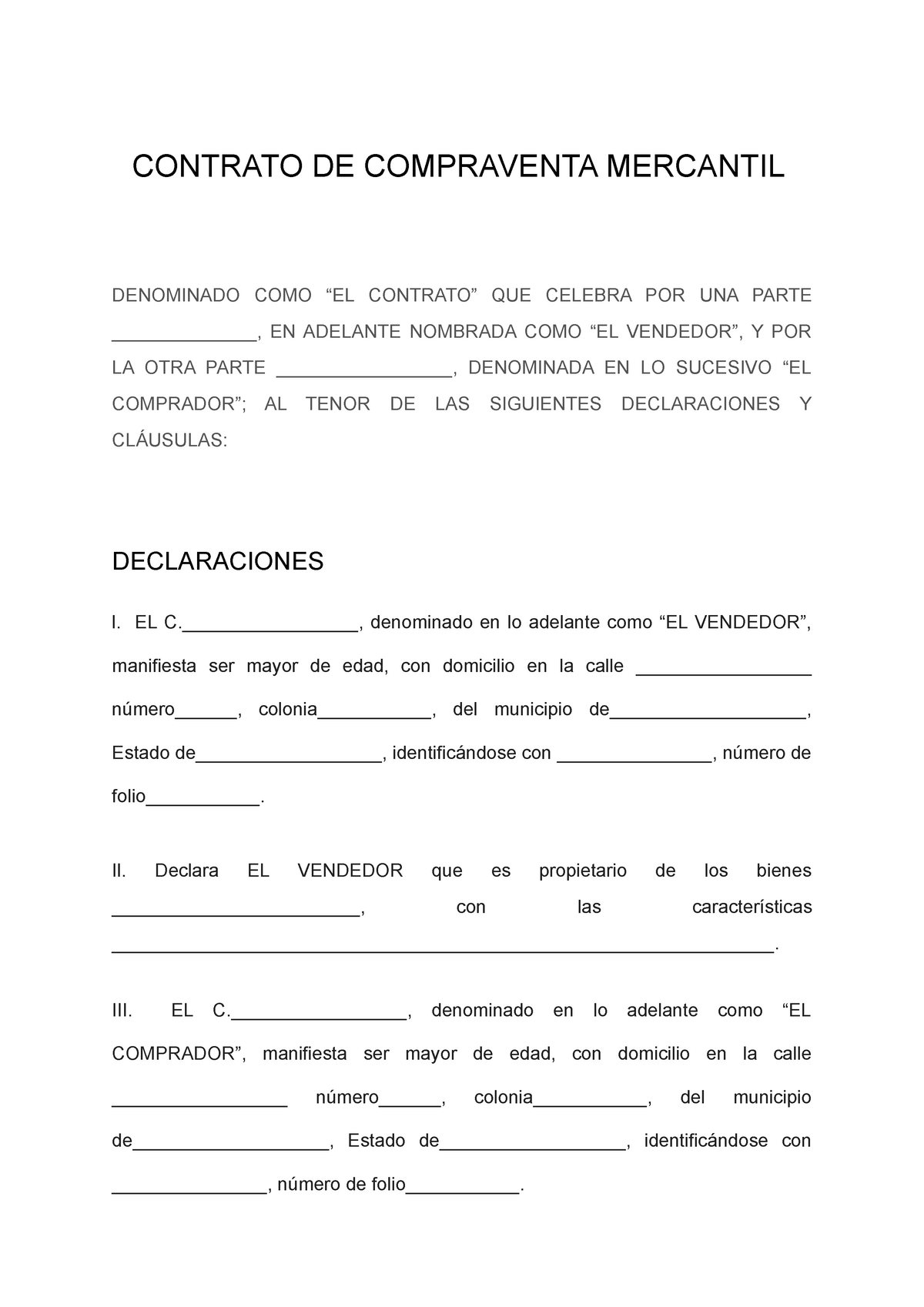 Formato del Contrato de Compraventa Mercantil - CONTRATO DE COMPRAVENTA  MERCANTIL DENOMINADO COMO - Studocu