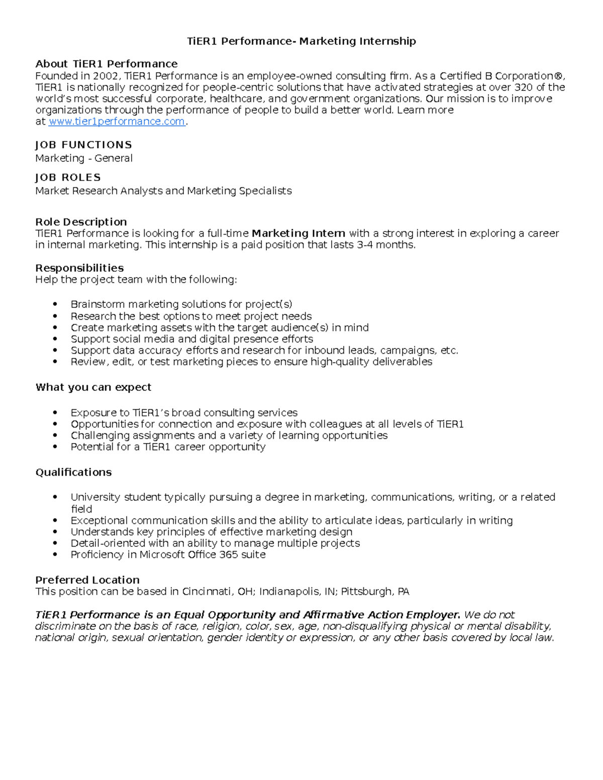 Marketing Co op Description for mock interviews - TiER1 Performance ...