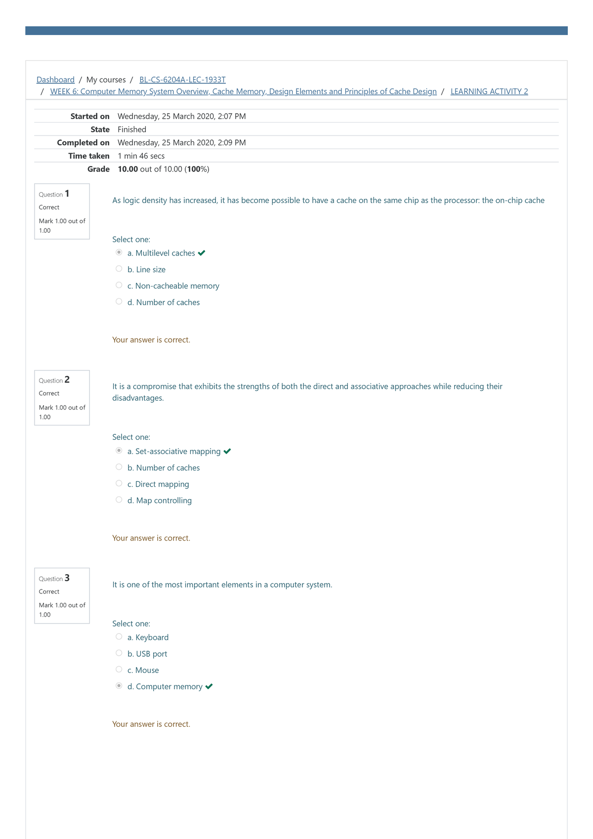 Learning Activity 2 Attempt review - Dashboard / My courses / BL-CS ...