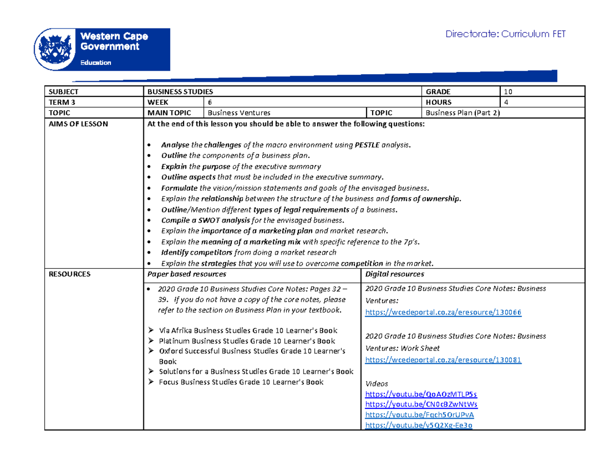 business plan grade 10 term 3 notes