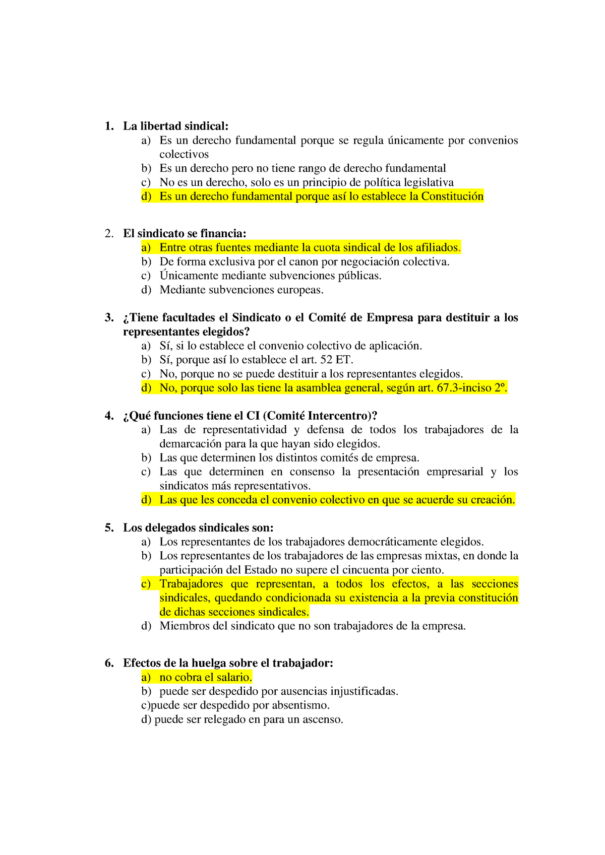 Simulacro Examen Derecho Sindical 1ºA - La Libertad Sindical: A) Es Un ...