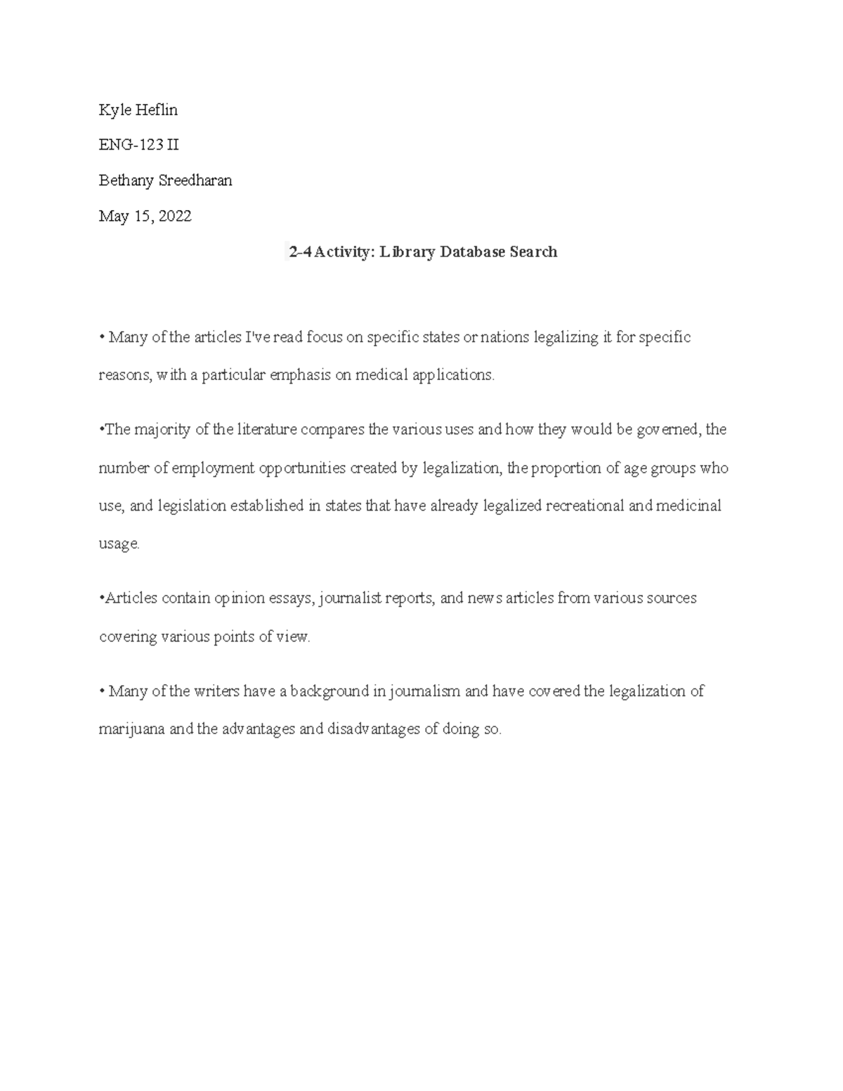 24 Activity Library Database Search Kyle Heflin ENG123 II Bethany