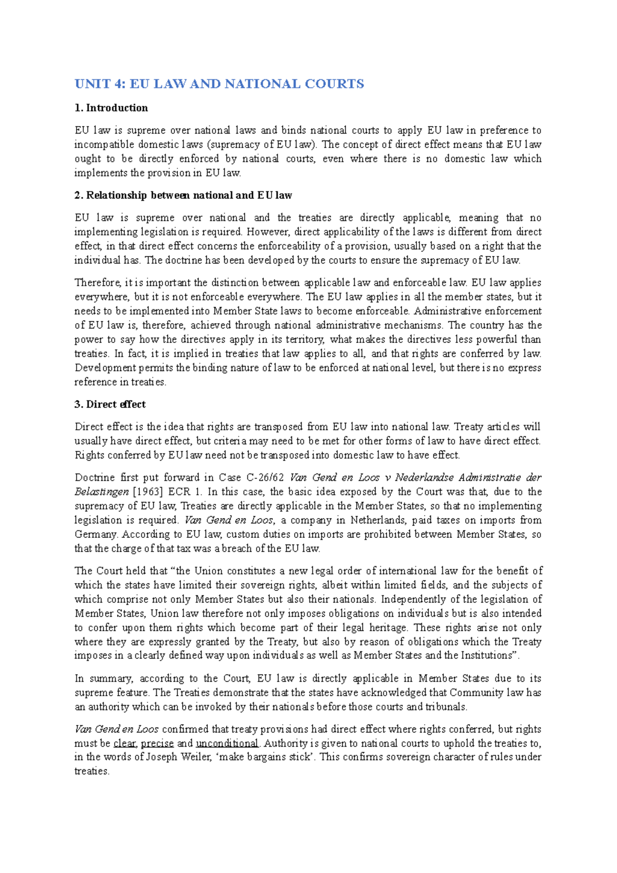 UNIT 4 - Lecture notes 4 - UNIT 4: EU LAW AND NATIONAL COURTS 1 ...