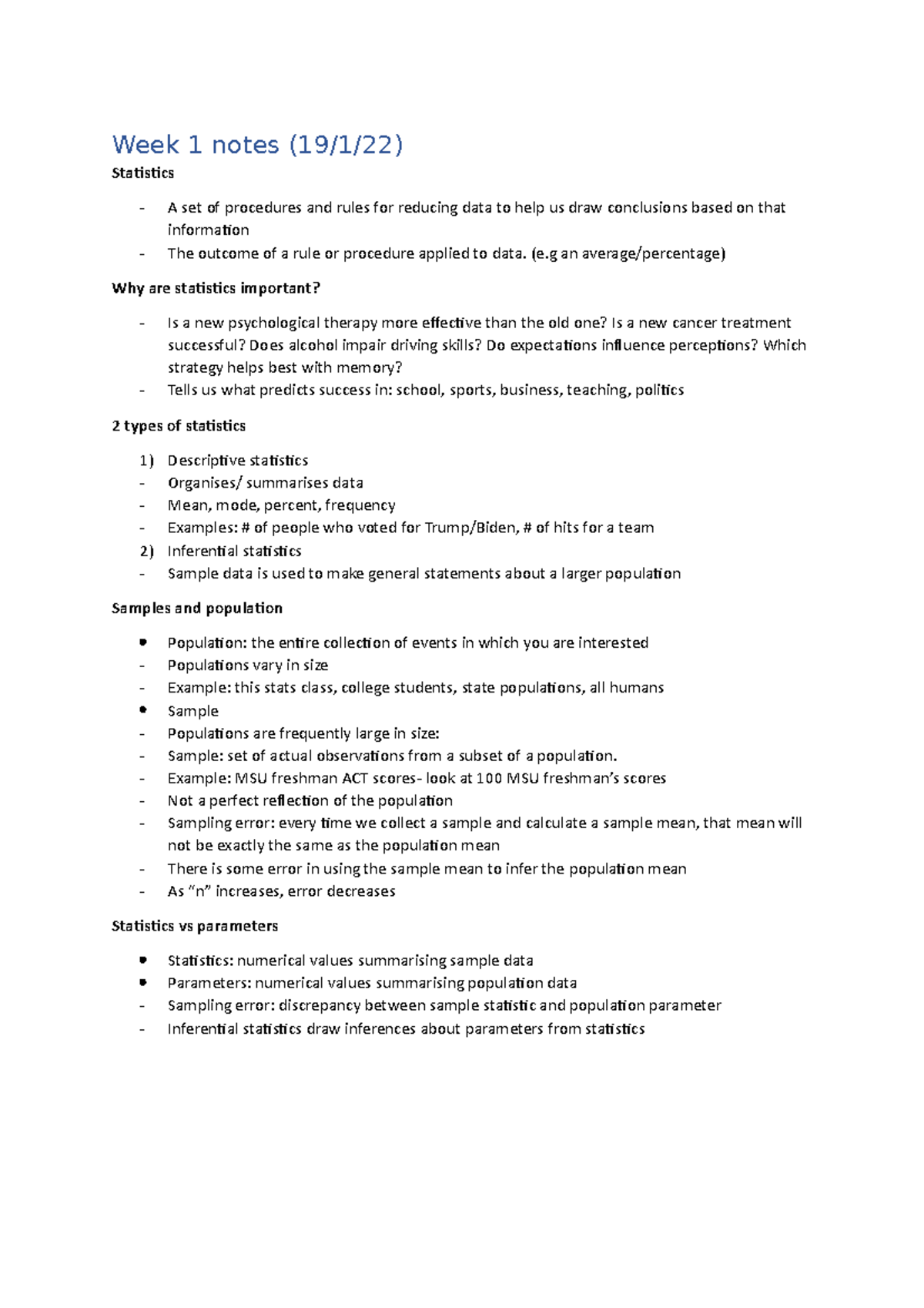 PSYX 222 Lecture Notes - Week 1 notes (19/1/22) Statistics - A set of ...