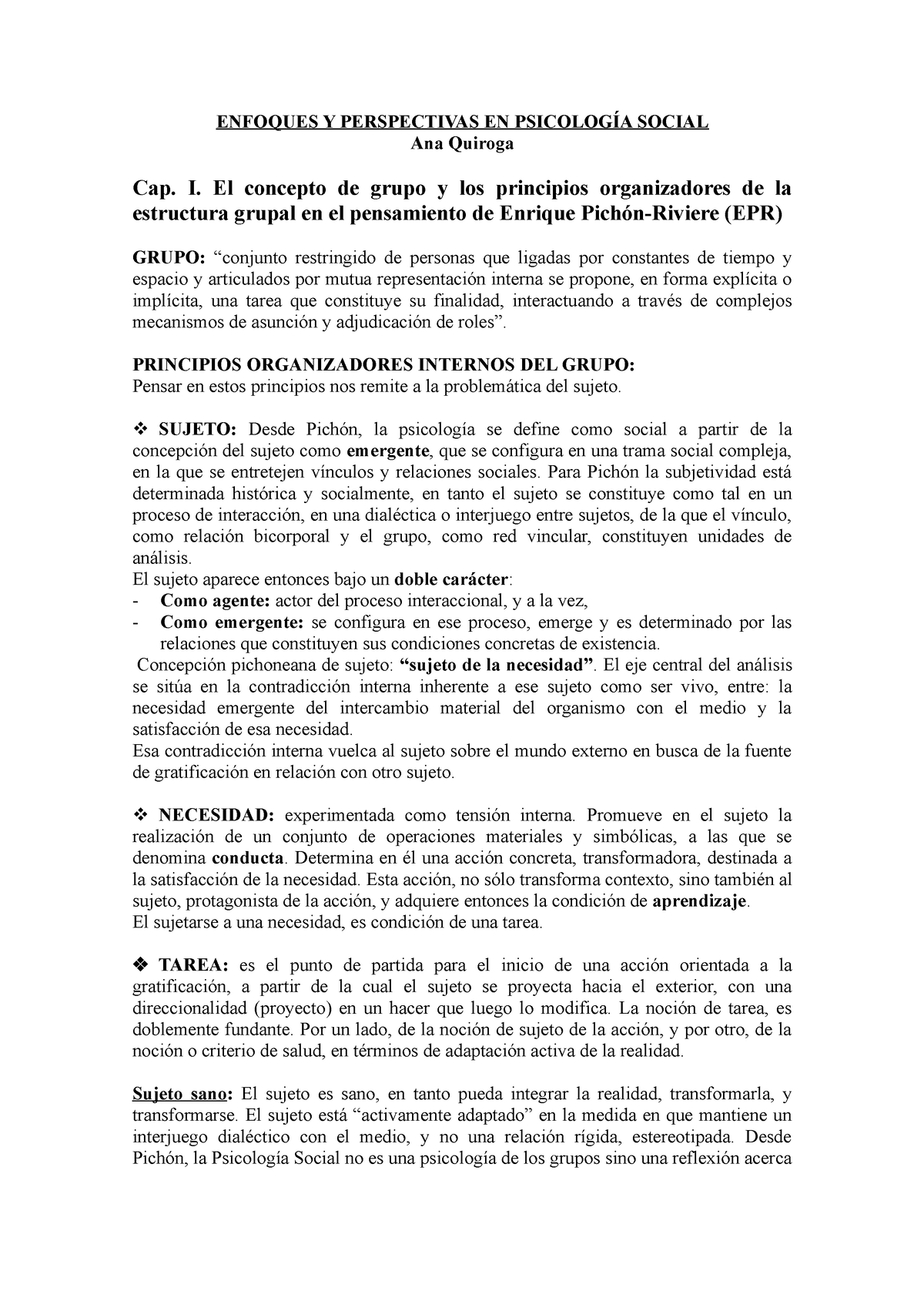 Resumen 4 - asdasd - ENFOQUES Y PERSPECTIVAS EN PSICOLOGÍA SOCIAL Quiroga Cap. I. El - Studocu