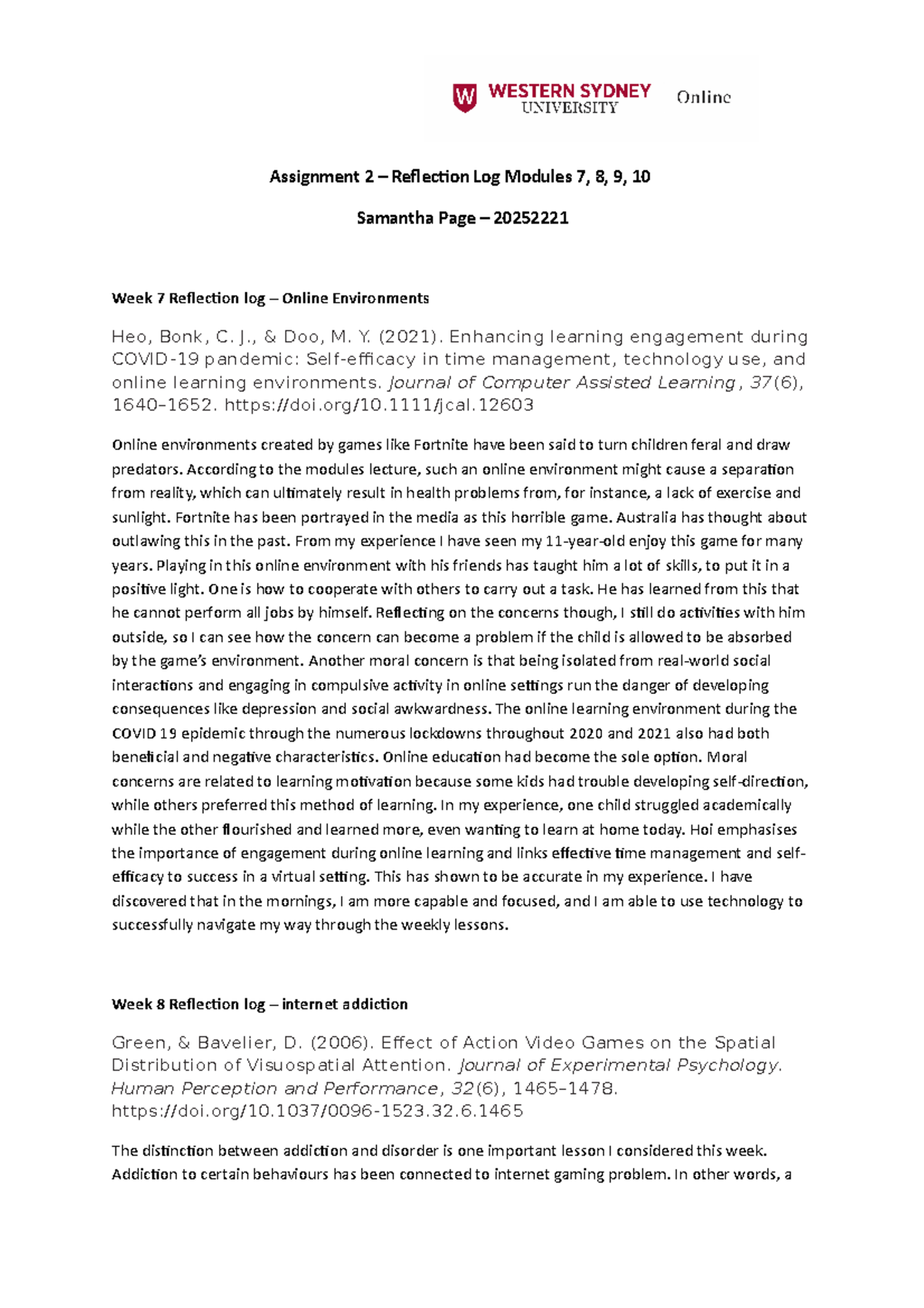 Reflection log modules 7 8 9 and 10 psychology and the online world ...