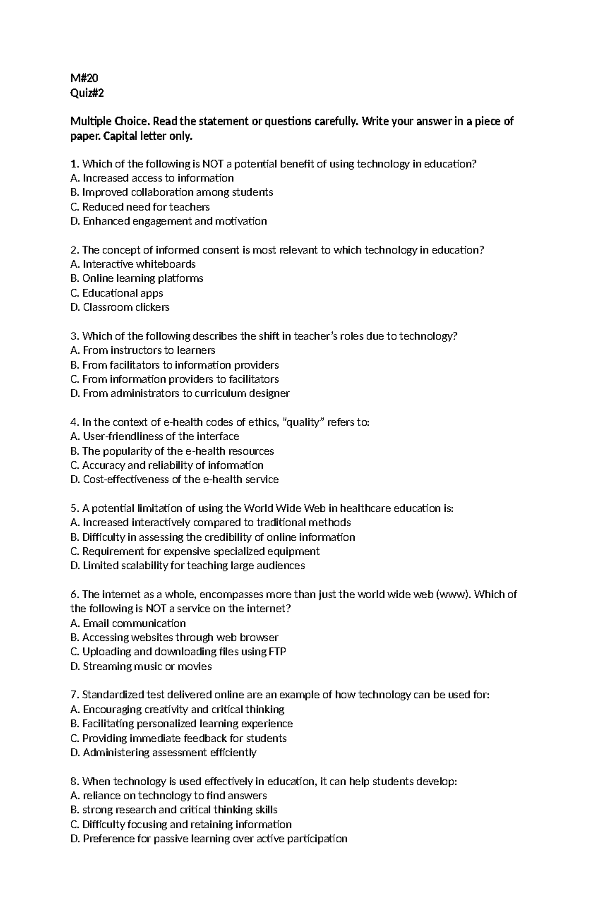 M20 Quiz 2 Finals - Good - M# Quiz# Multiple Choice. Read the statement ...