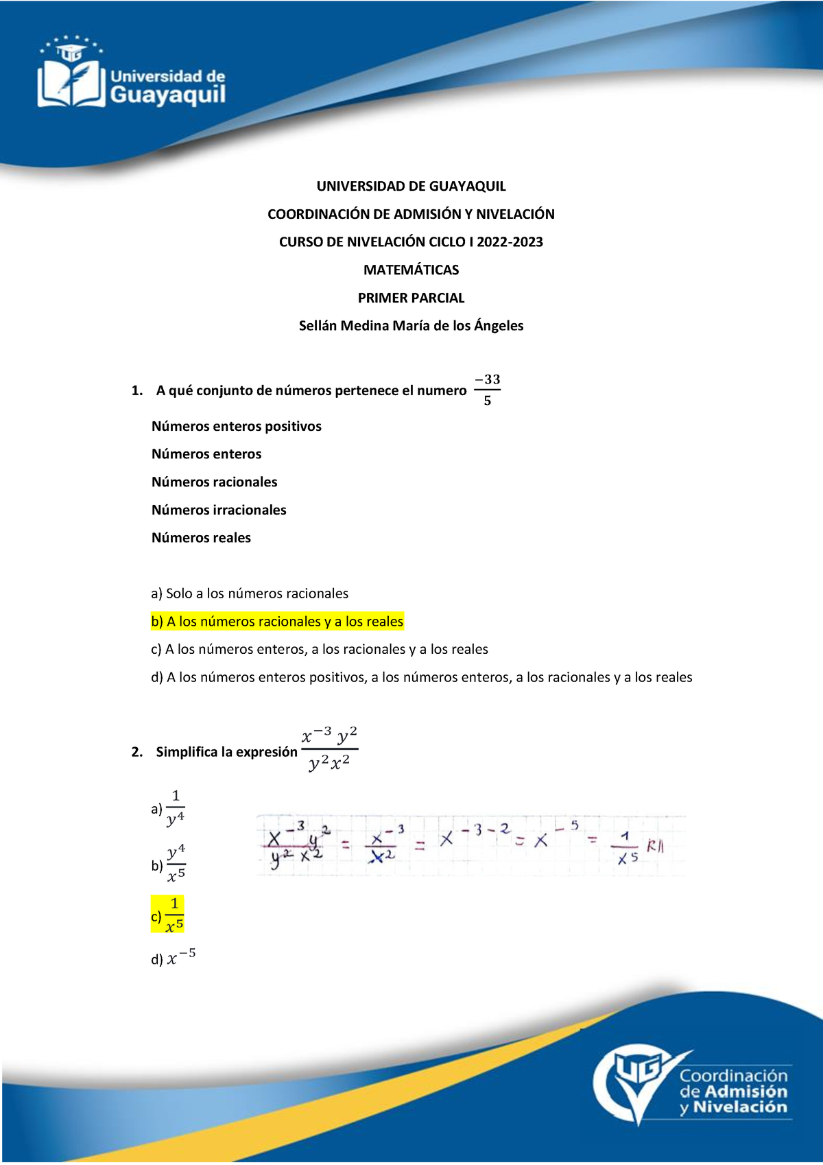 Cuestionario Examen Primer Parcial Universidad De Guayaquil Coordinacin De Admisin Y