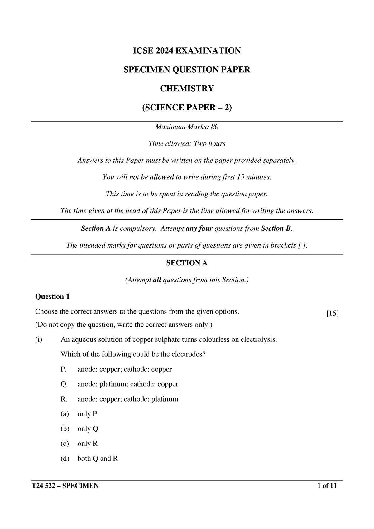 Chemistry ICSE 2024 EXAMINATION SPECIMEN QUESTION PAPER CHEMISTRY