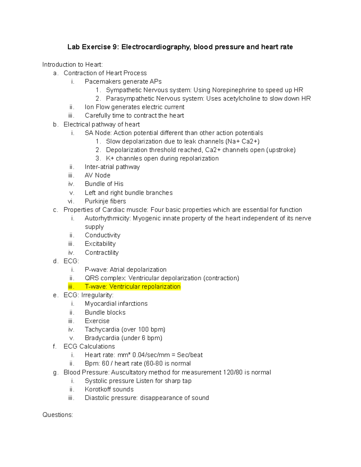 Lab Exercise 9 Summary Lab Exercise 9 Electrocardiography, blood