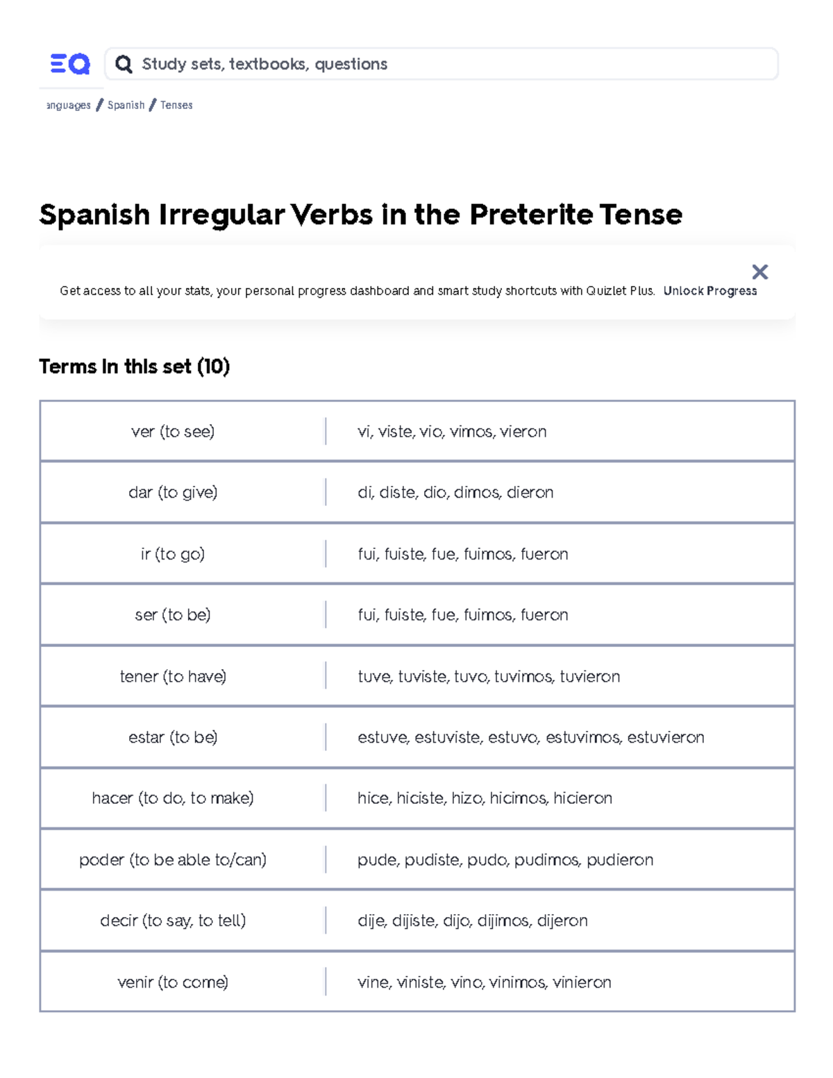 Spanish Irregular Verbs in the Preterite Tense Flashcards Quizlet ...