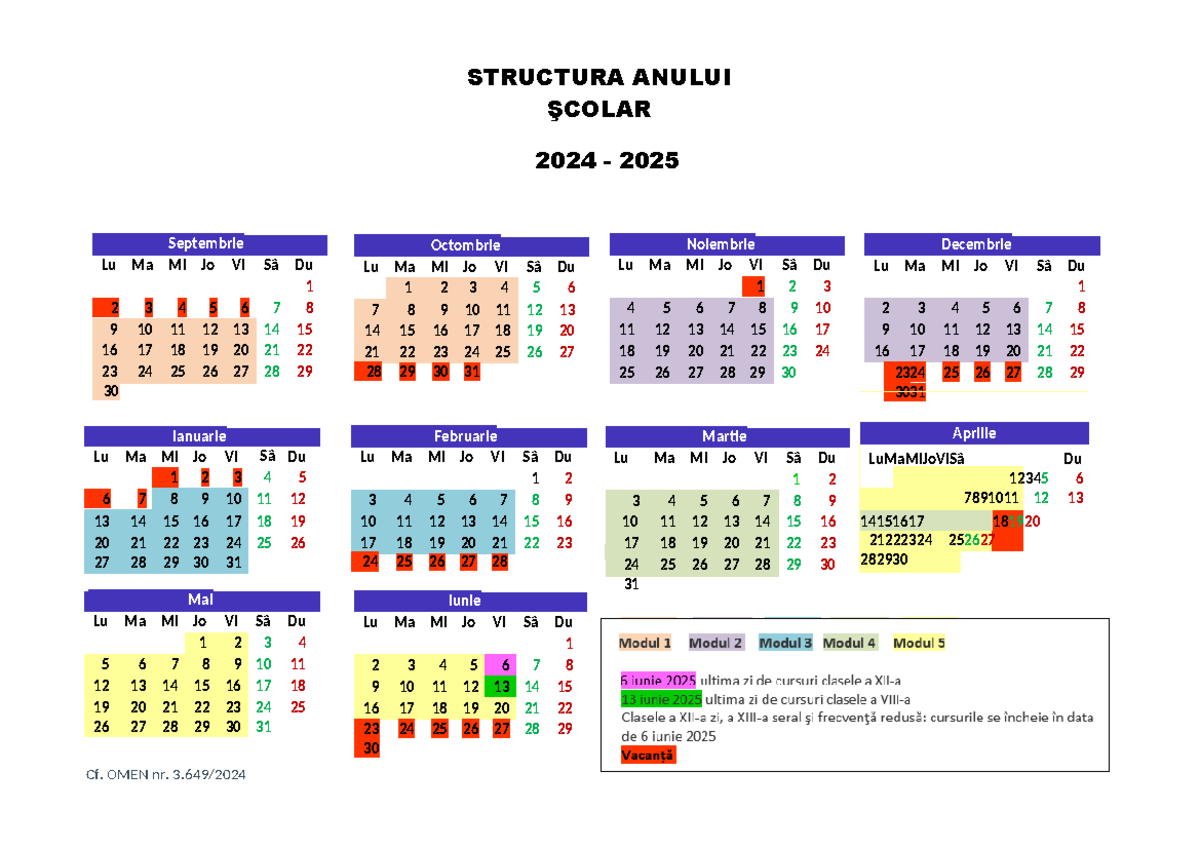 Structura anului scolar 20242025 cf ome 3 - Modul 1 Modul 2 Modul 3 ...