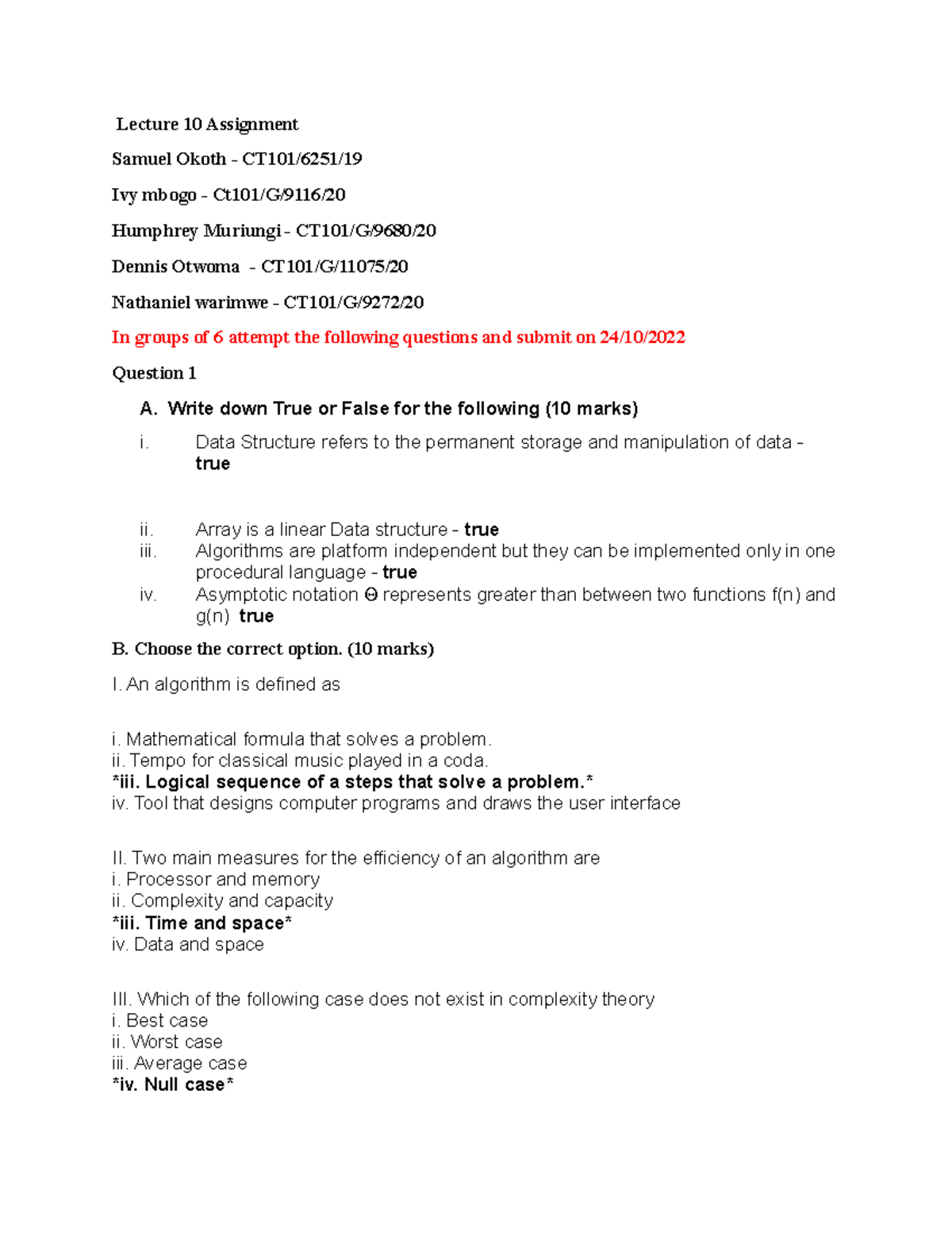 DAA Assignment answers - Lecture 10 Assignment Samuel Okoth - CT101 ...