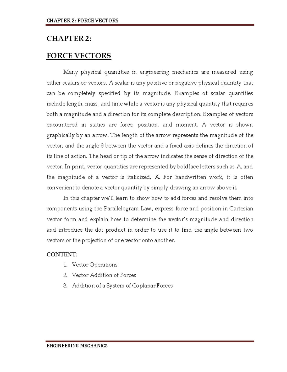 M Force Vectors - Lecture notes 2 - CHAPTER 2: FORCE VECTORS Many ...
