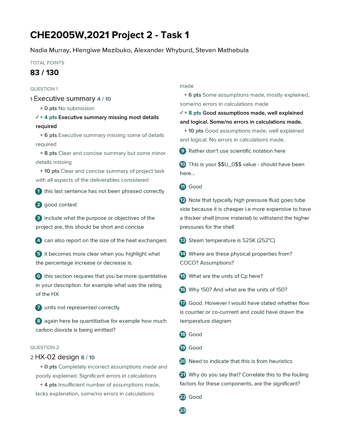 Task 1 Marked - Project 2 Task 1 - CHE2005W,2021 Project 2 - Task 1 ...