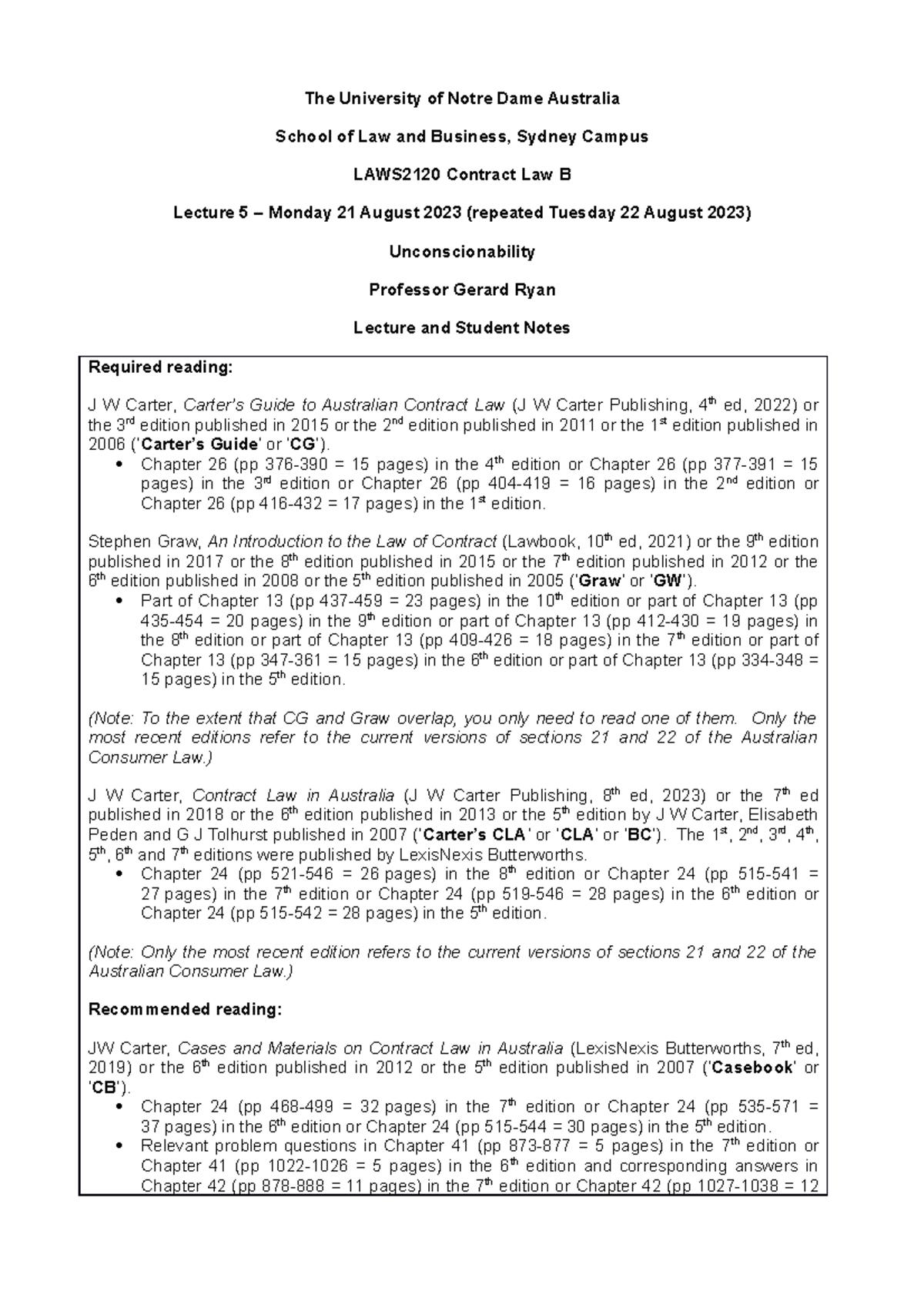 Contracts B 2023 Lec 5 Unconscionability Lec Stud Notes - The ...