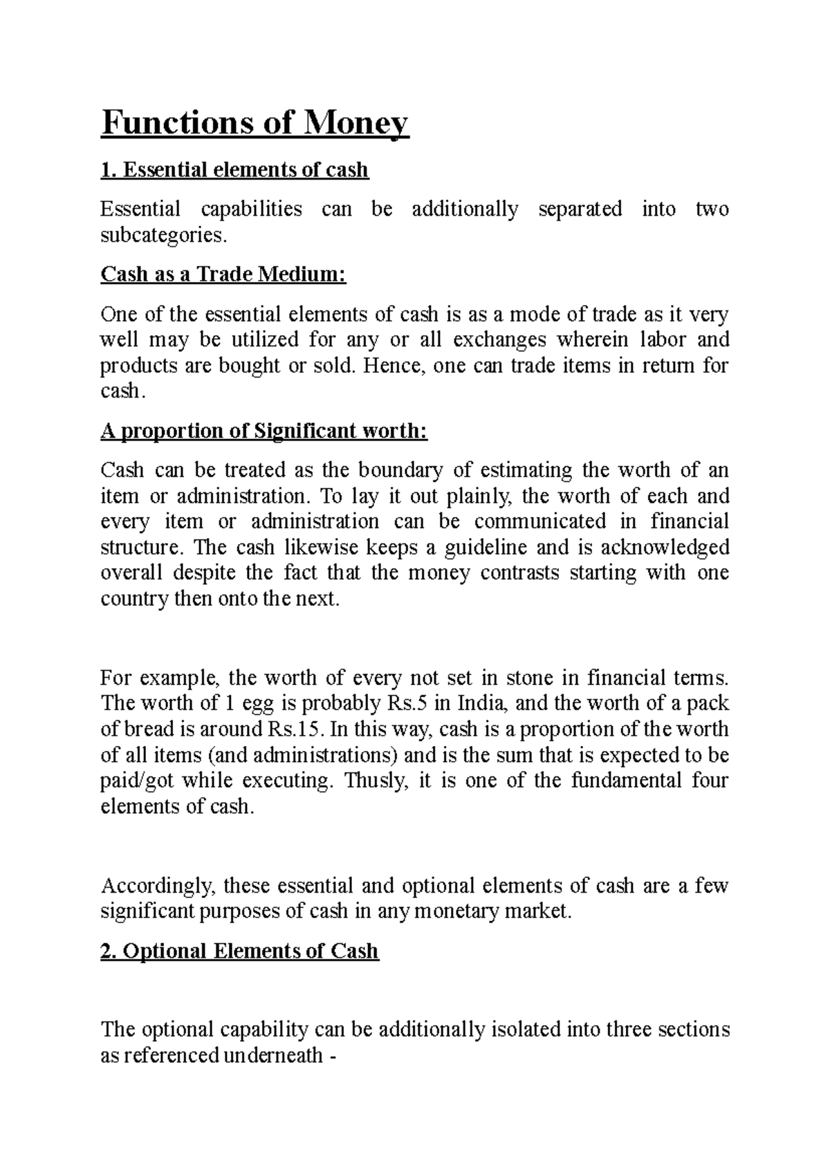 Functions of Money Functions of Money Essential elements of cash