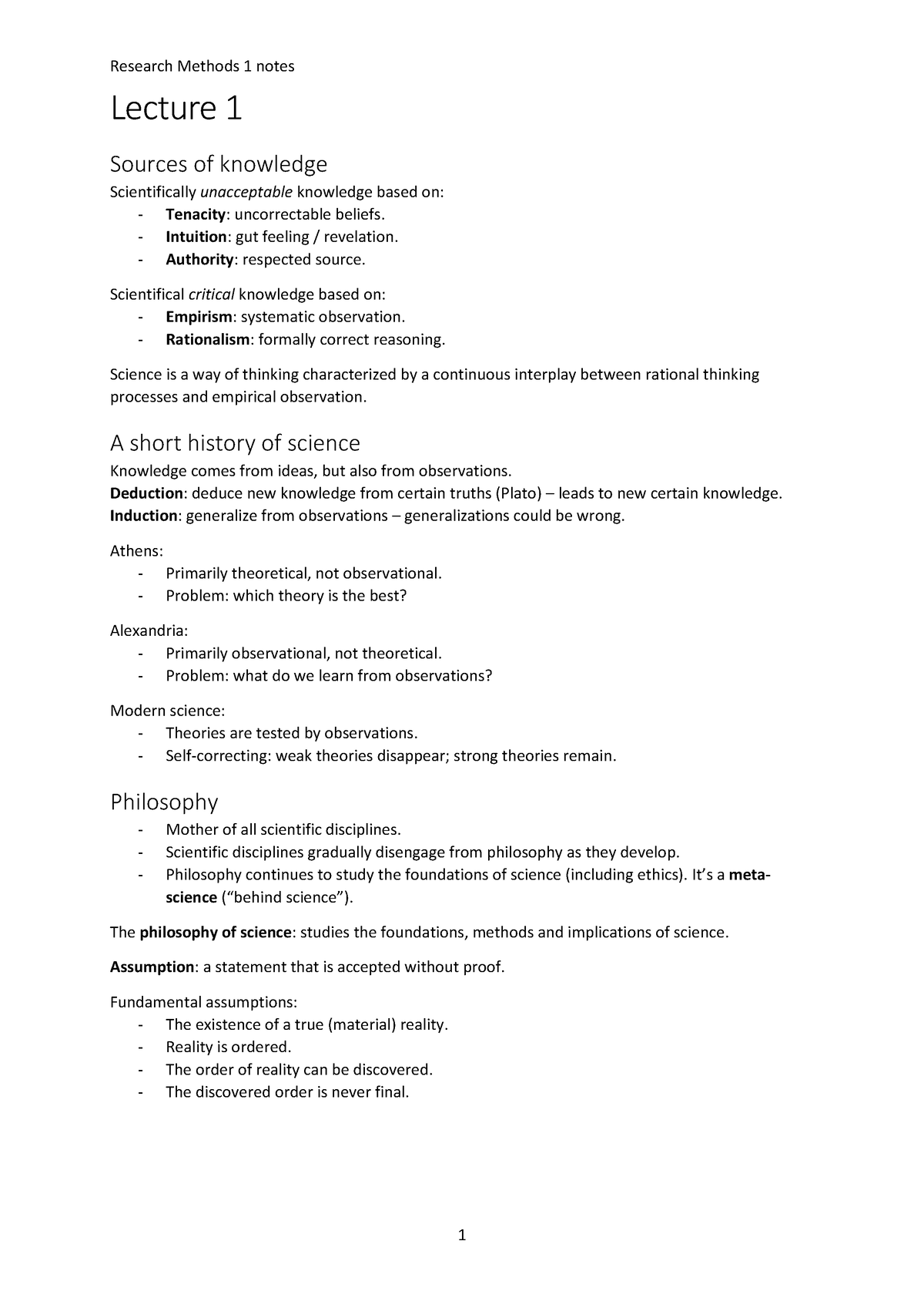 Research methods 1 notes - Lecture 1 Sources of knowledge ...